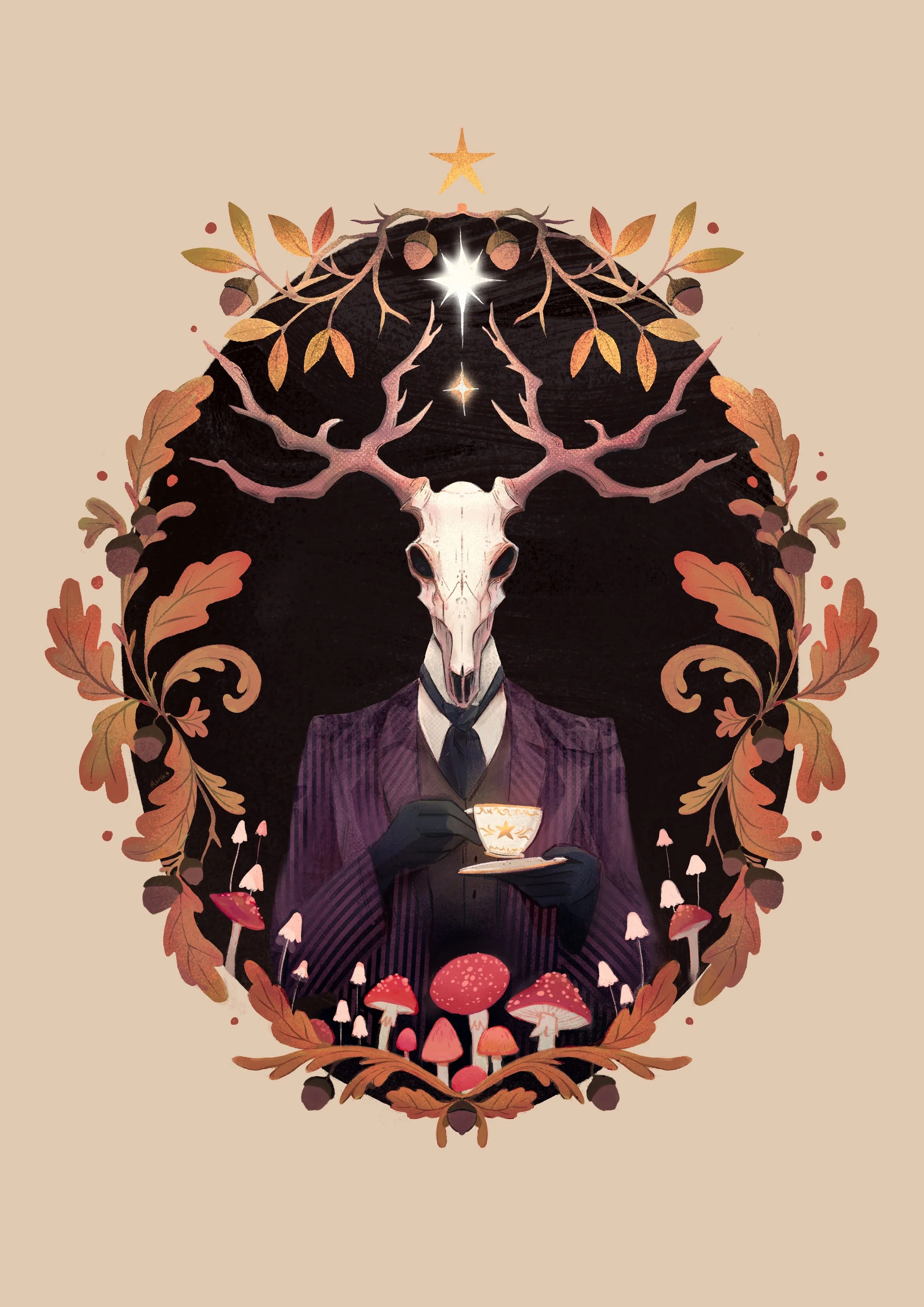 Illustration of a humanoid figure with a deer skull and antlers, dressed in a suit, holding a tea cup, surrounded by autumn leaves and mushrooms, with stars and a moon above.