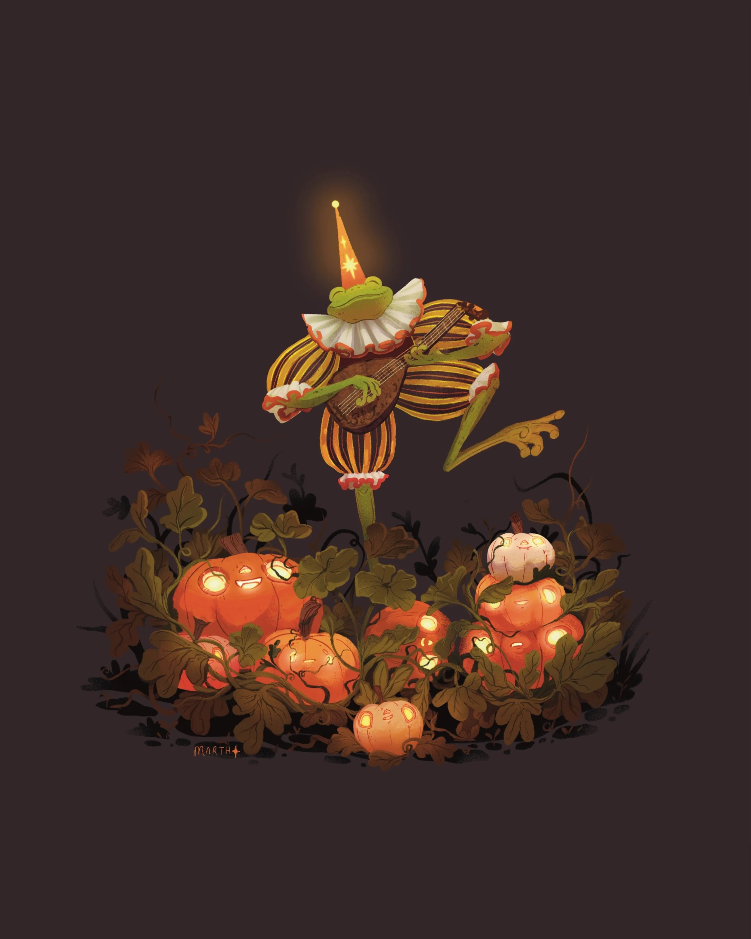 A dancing frog bard dressed in a minstreal costume, playing the lute, and dancing in a haunting pumpkin patch. 
