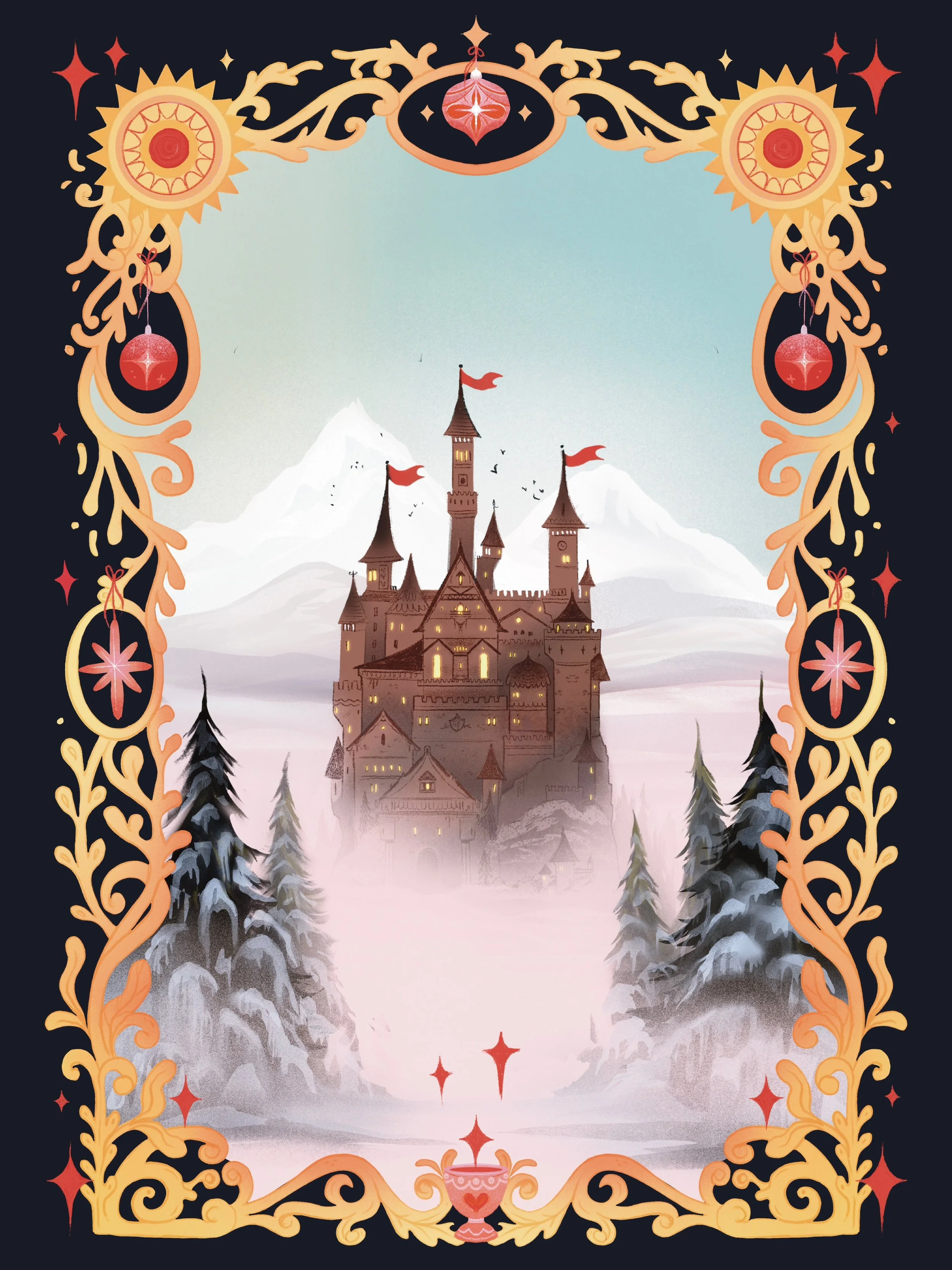 Illustration of a castle in a snowy landscape, framed with gold ornamental border and red Christmas ornaments.