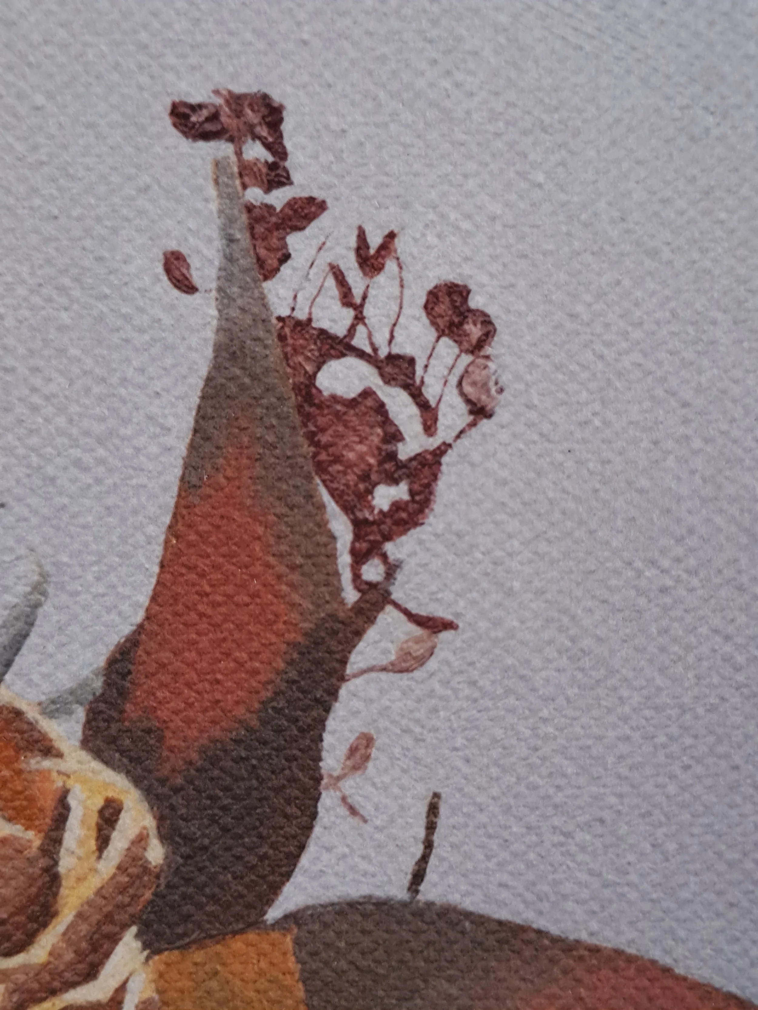Close-up of a watercolor painting of a brown horse with a flowering tree in the background.
