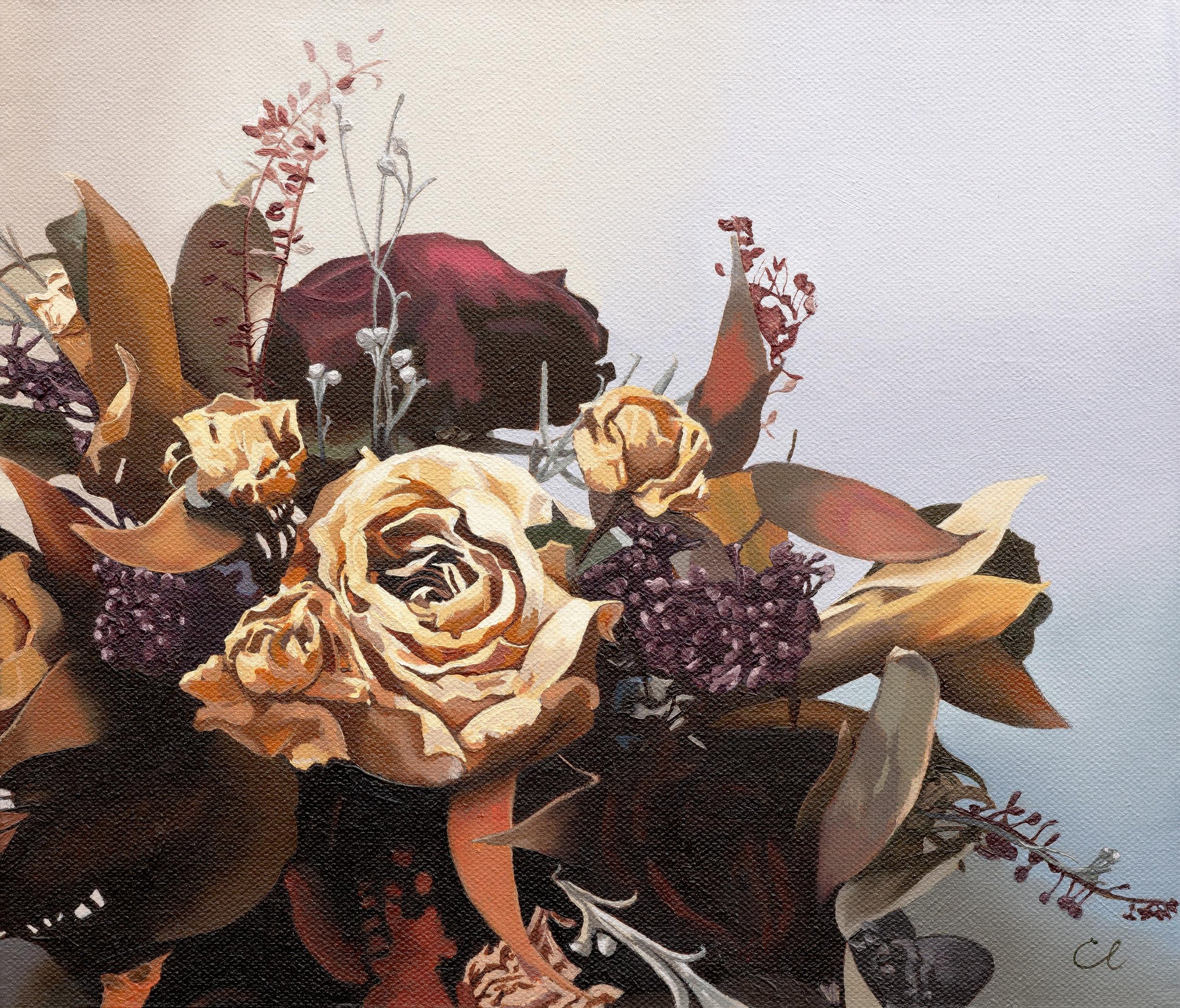 Painted still life of dark red, yellow, and purple flowers with green leaves on a light background