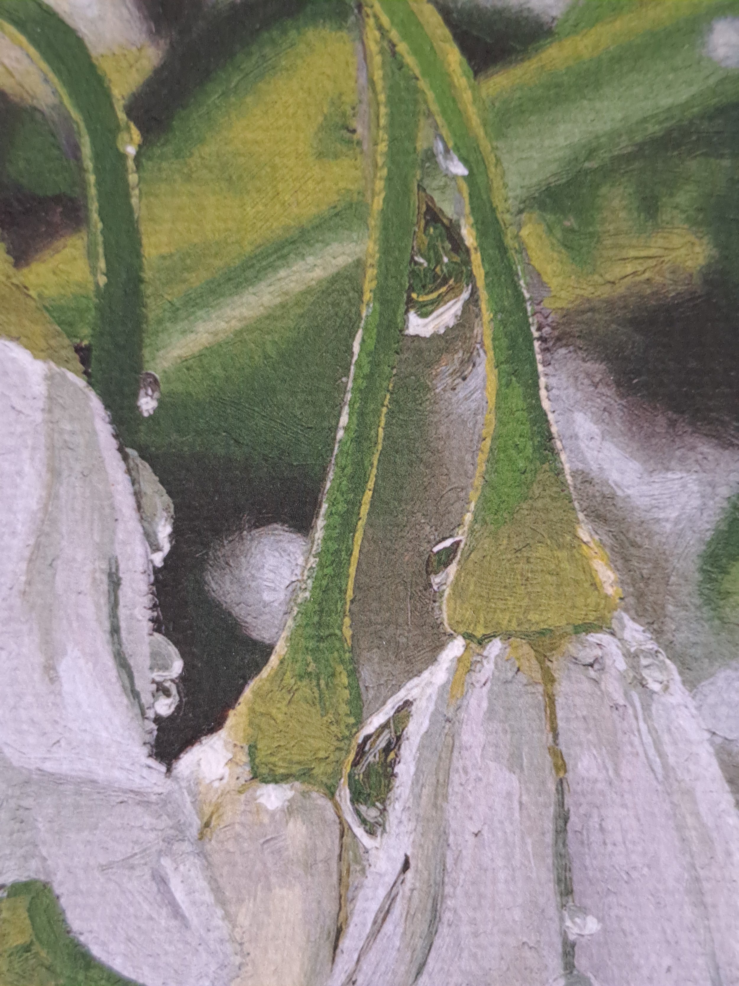 Close-up of a painted flower, possibly an iris, with white petals, yellow accents, and green leaf and stem details.