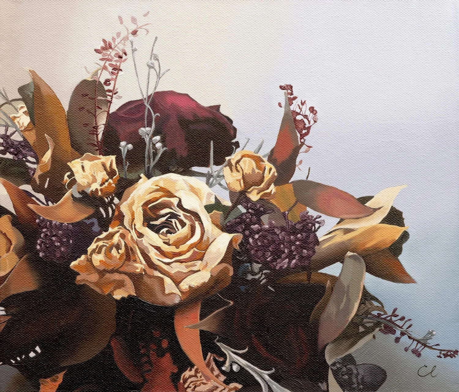A watercolor painting of a bouquet of flowers featuring beige roses, a burgundy rose, purple leaves, and dried brown foliage on a white background.