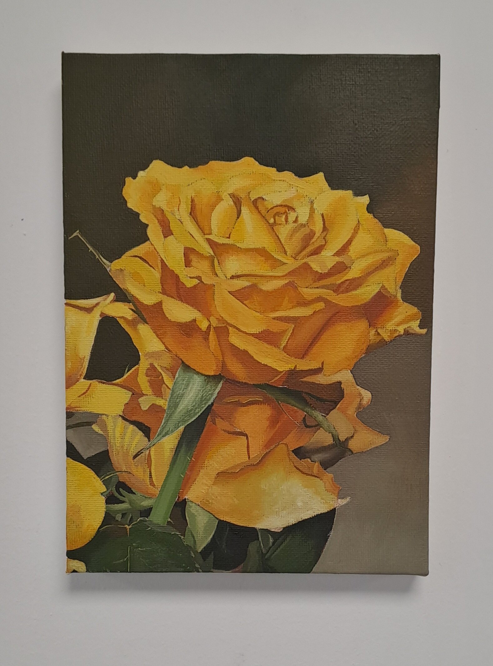Painting of orange roses with green leaves against a dark background.