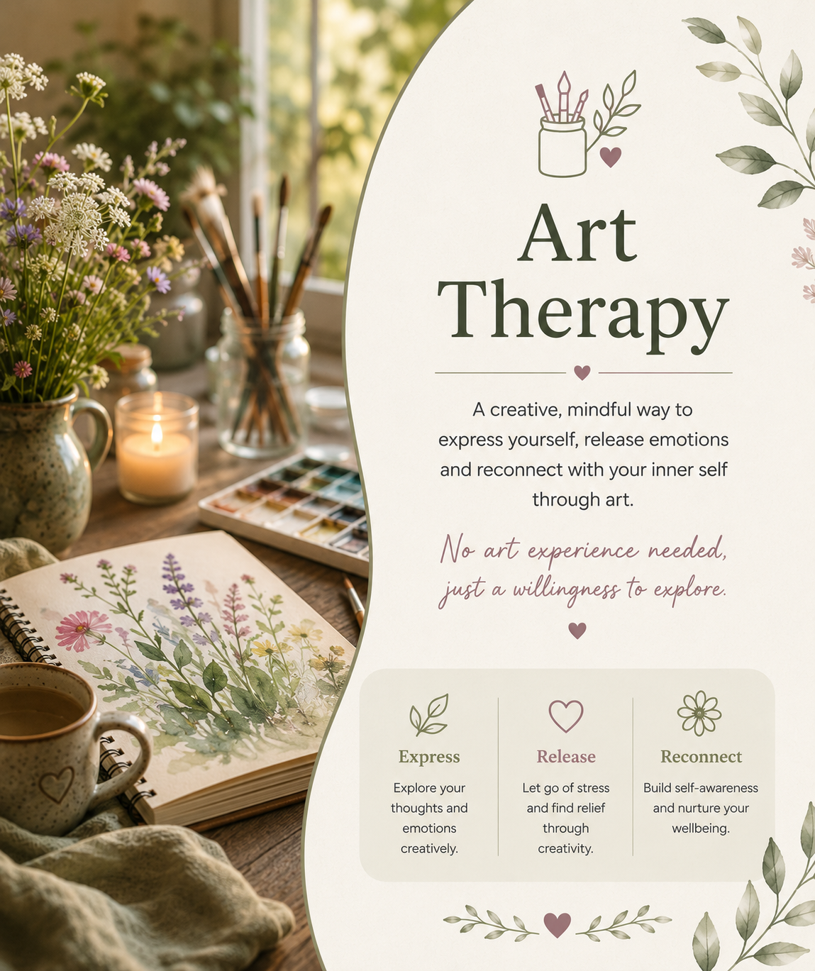 An art therapy promotional poster with a background of a table with flowers, a candle, watercolor paints, and an open sketchbook with floral watercolor illustrations. The poster details the benefits of art therapy, emphasizing self-expression, release of emotions, and reconnecting with oneself through art. It features icons and descriptions for exploring thoughts creatively, releasing stress through creativity, and building self-awareness.