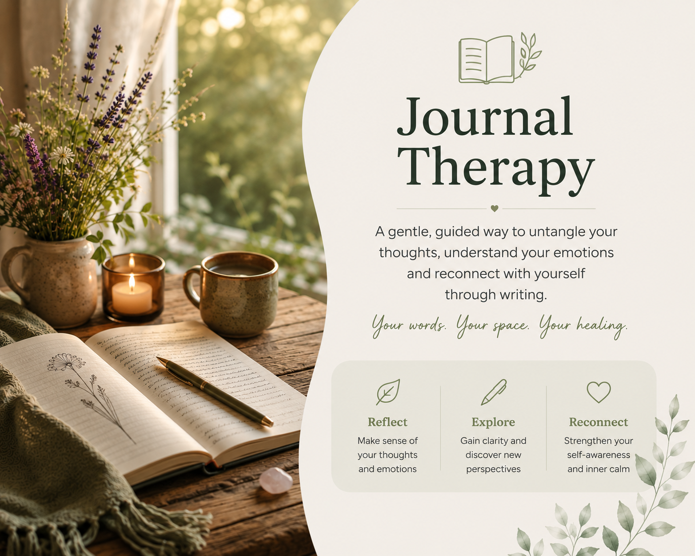 A journal therapy promotional flyer with a cozy scene of a table, open journal, pen, potted lavender, candles, and cups, next to a window with greenery outside.