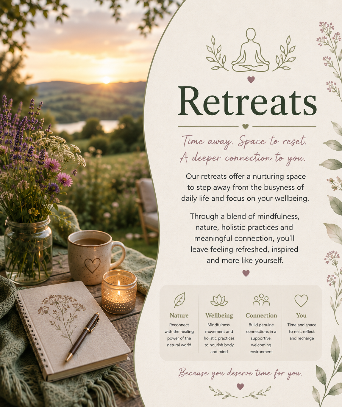 A flyer advertising retreats with a peaceful outdoor scene in the background, featuring a table with a journal, pen, lit candle, mug, and a jar of flowers; the flyer includes text about the benefits of retreats