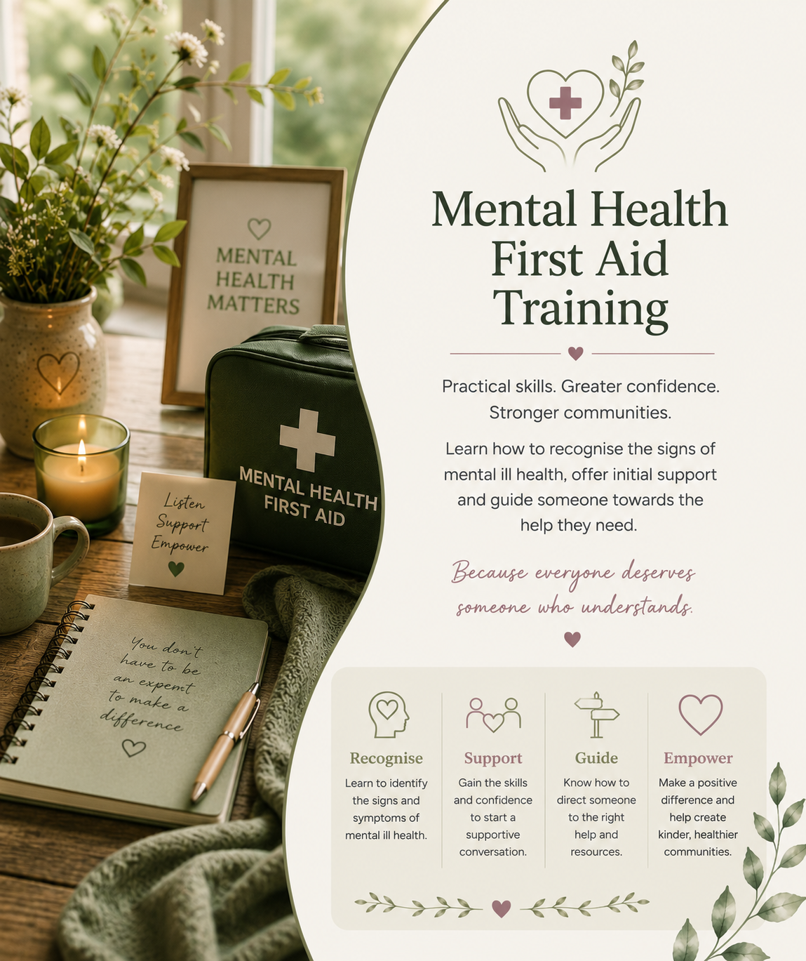 Promotional flyer for mental health first aid training, featuring a heart with a cross and hands, with text about recognizing and supporting mental health, and images of supportive items like a first aid kit, candle, notebook, and plants.