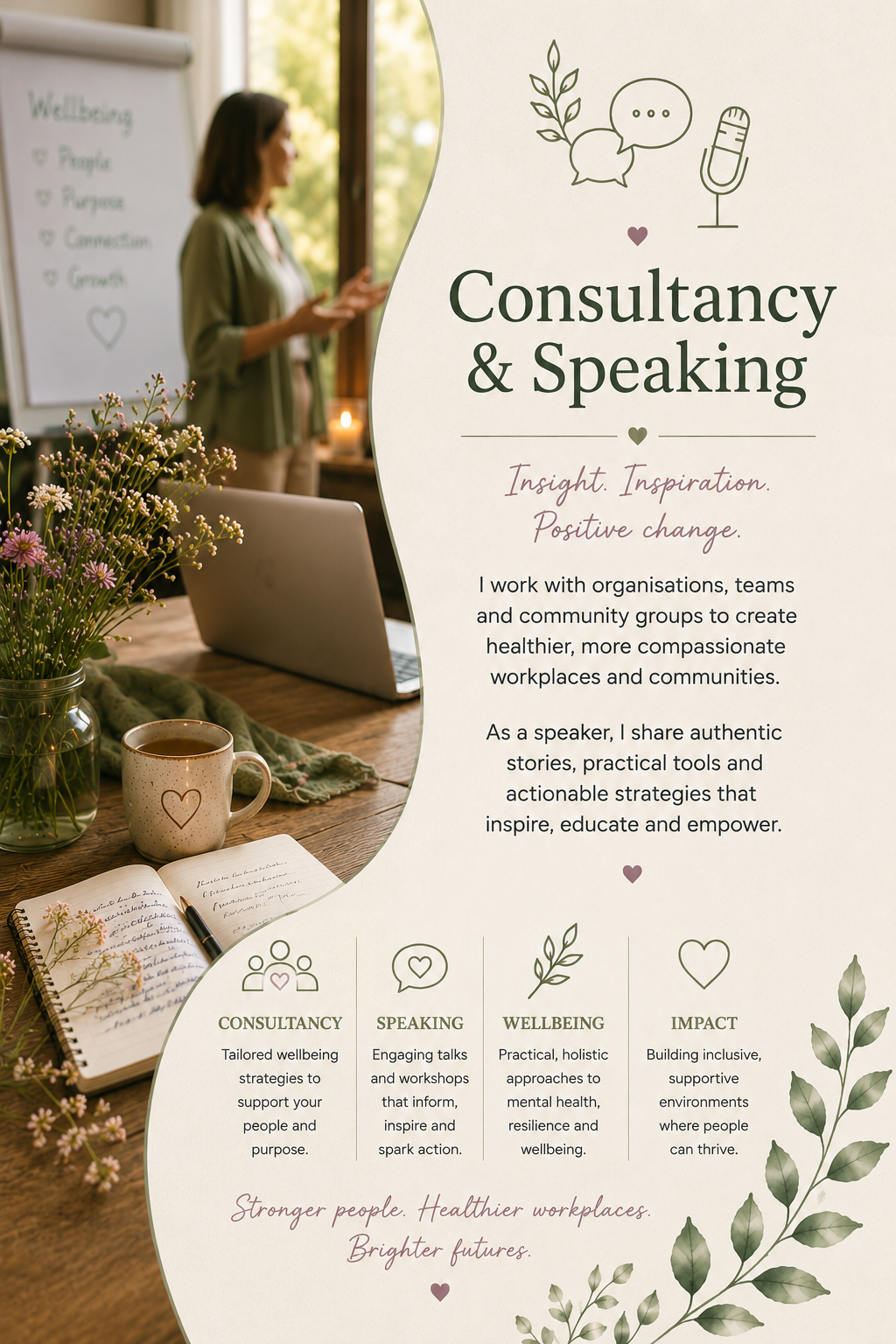 A promotional flyer for consultancy and speaking services, with a background showing a woman giving a presentation in a room lit by natural light, and a table with flowers, a notebook, a cup of tea, and an open laptop.