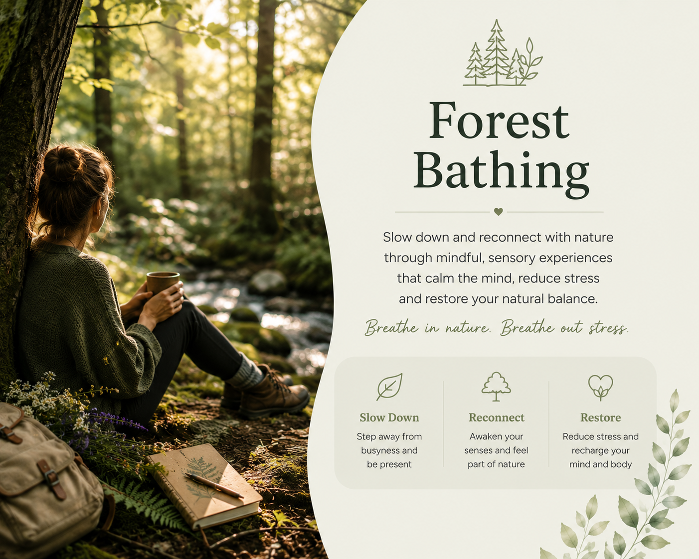 A woman sitting under a tree in a forest, holding a cup, with a book, notebook, pen, and backpack nearby, promoting forest bathing for relaxation and reconnecting with nature.