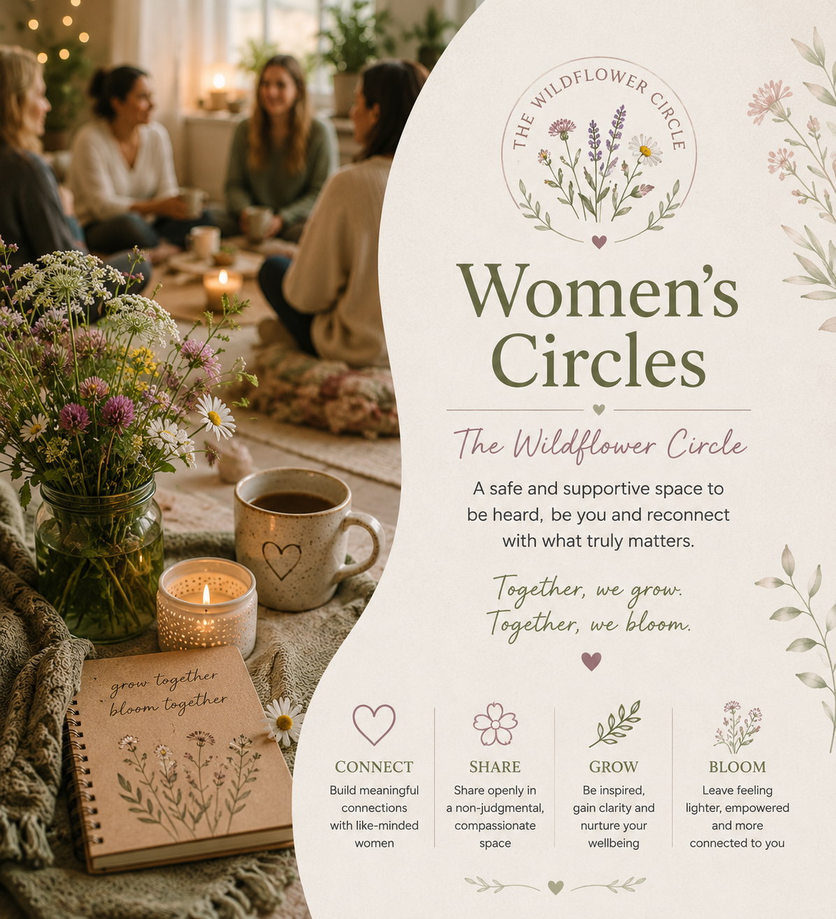 A flyer for Women's Circles organized by The Wildflower Circle. It features a flower illustration, descriptive text about creating a safe, supportive space for women, and four icons with their meanings: connect, share, grow, and bloom. The background image shows a group of women sitting in a cozy room, with a table holding a bouquet of wildflowers, a lit candle, a mug, and a notebook.