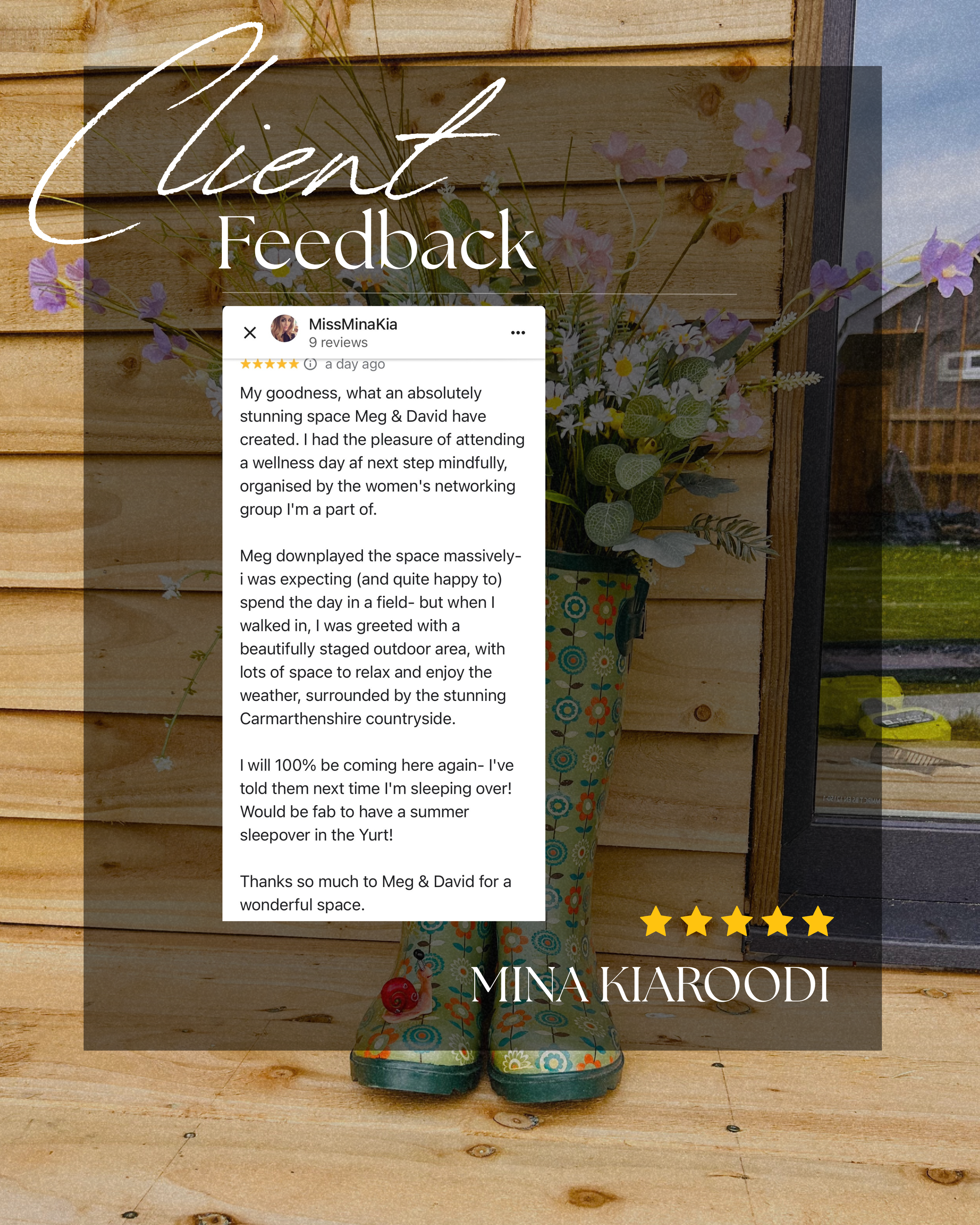 Screenshot of a website page for customer feedback. The background features wooden panels, a glass window, a colorful pair of rain boots, and flowers. The page includes a customer review and star ratings.