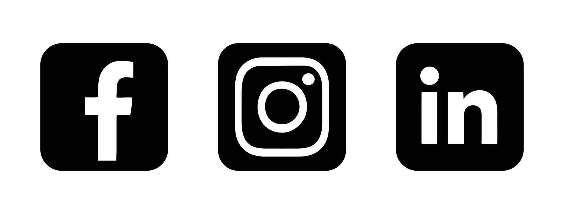 Black and white social media icons for Facebook, Instagram, and LinkedIn.