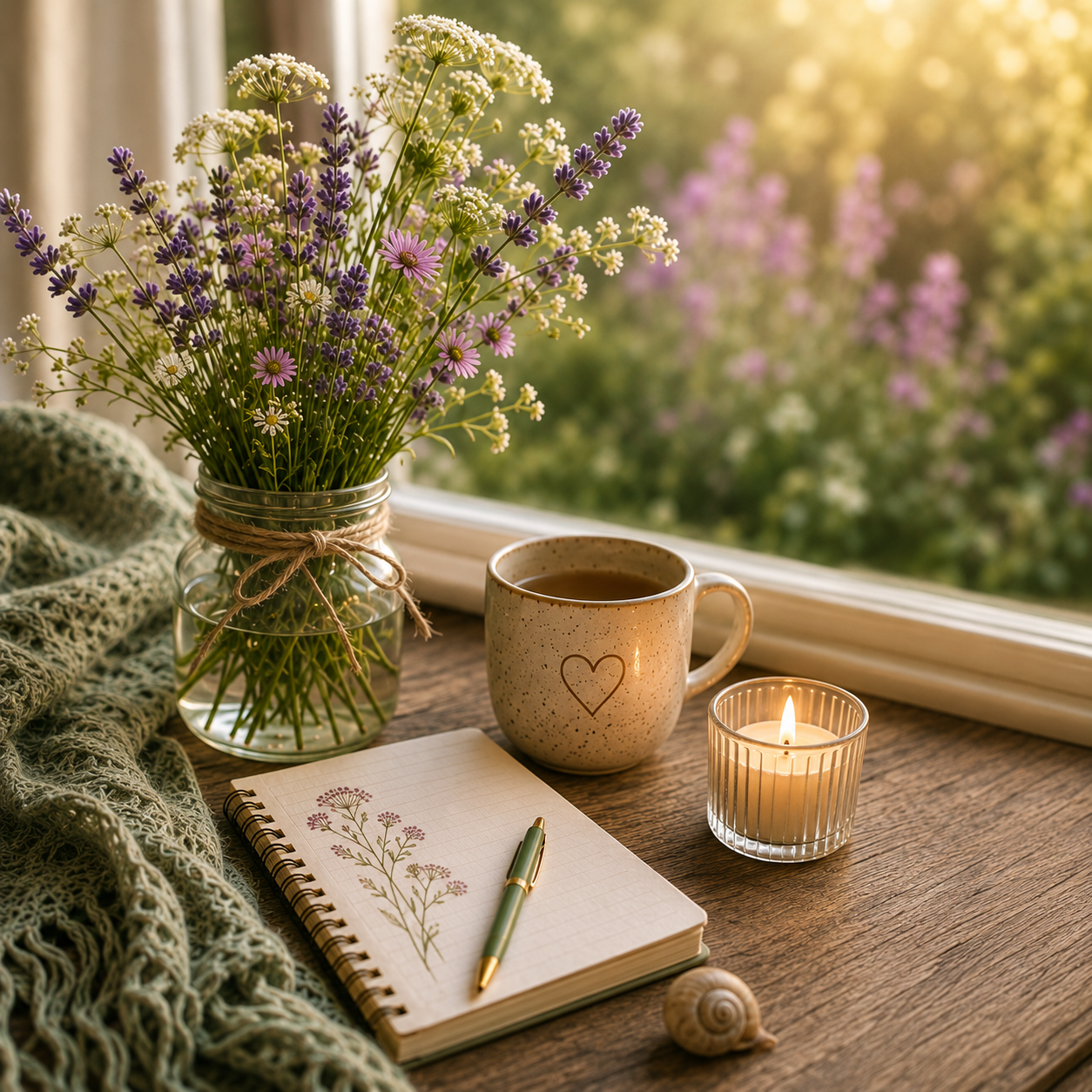 A windowsill scene with a jar of purple and white flowers, a coffee mug with a heart design, a lit candle in a glass holder, a notebook with a floral drawing, a pen, a seashell, and a green knitted cloth. Outside the window, blurred pink and white flowers are visible in a garden.