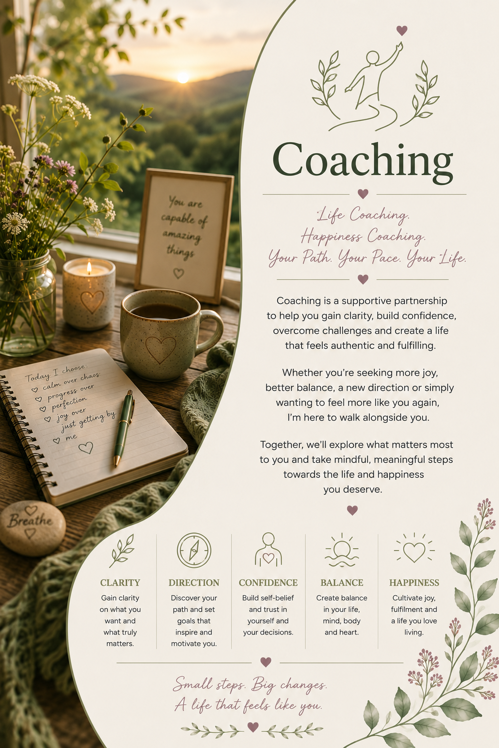 A promotional poster for coaching services with a serene nature background, including a window view of mountains and sunrise. The poster features illustrations and text about life coaching, and a photo of a cozy workspace with a notebook, coffee mug, flowers, and a candle.