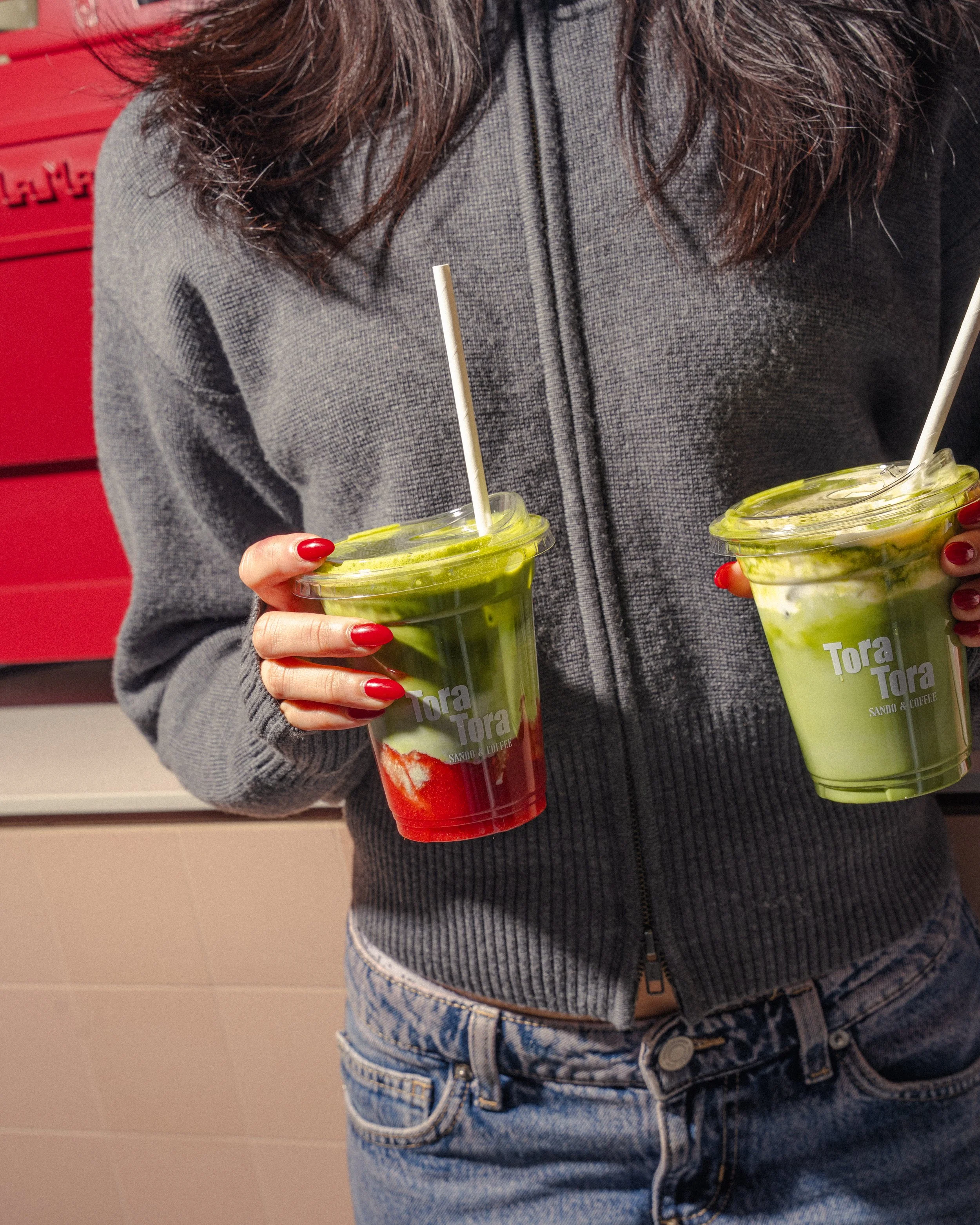 Iced Strawberry Matcha latte and Matcha latte at Tora Tora in Richmond