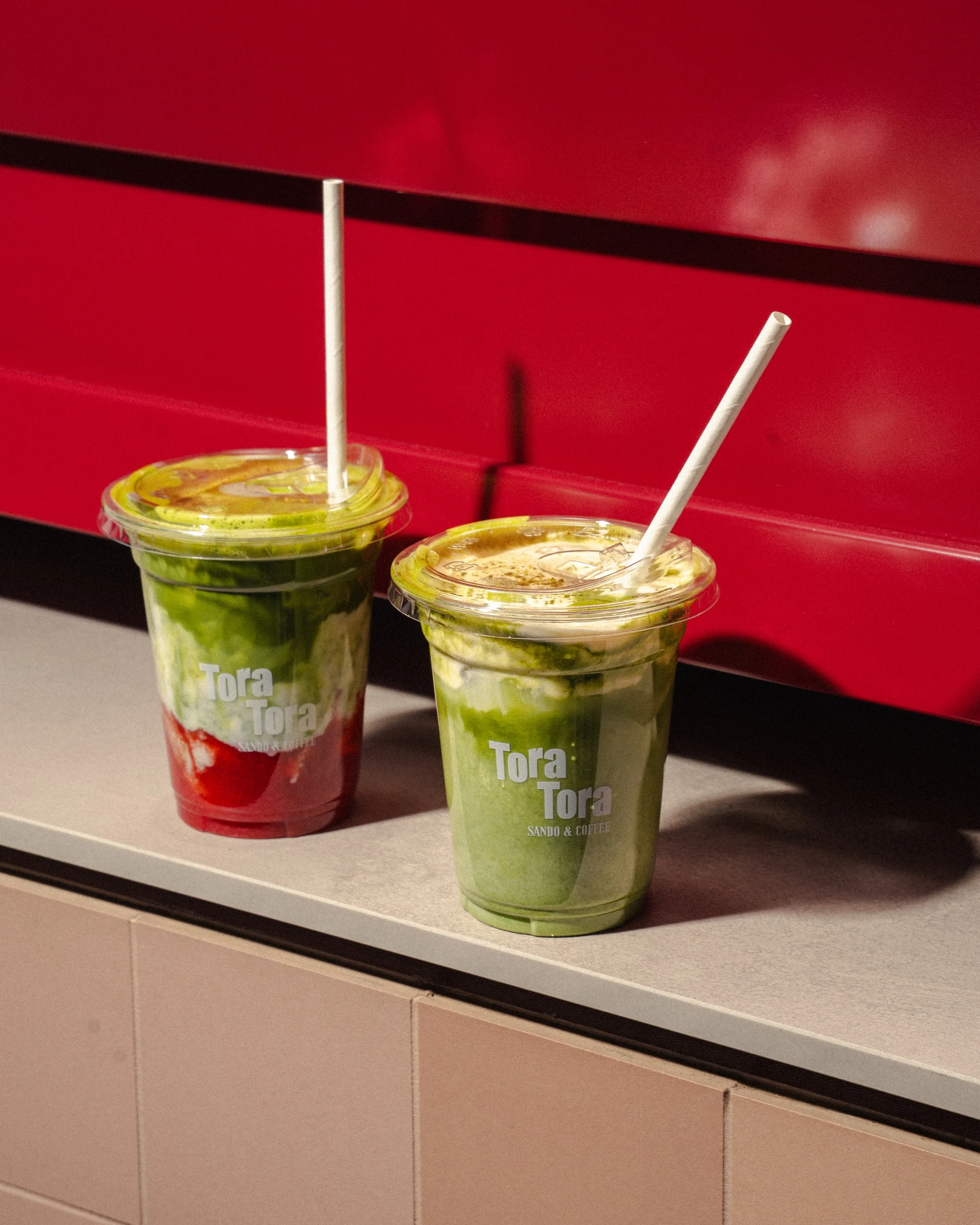 Iced strawberry matcha and matcha latte at Tora Tora located in Richmond