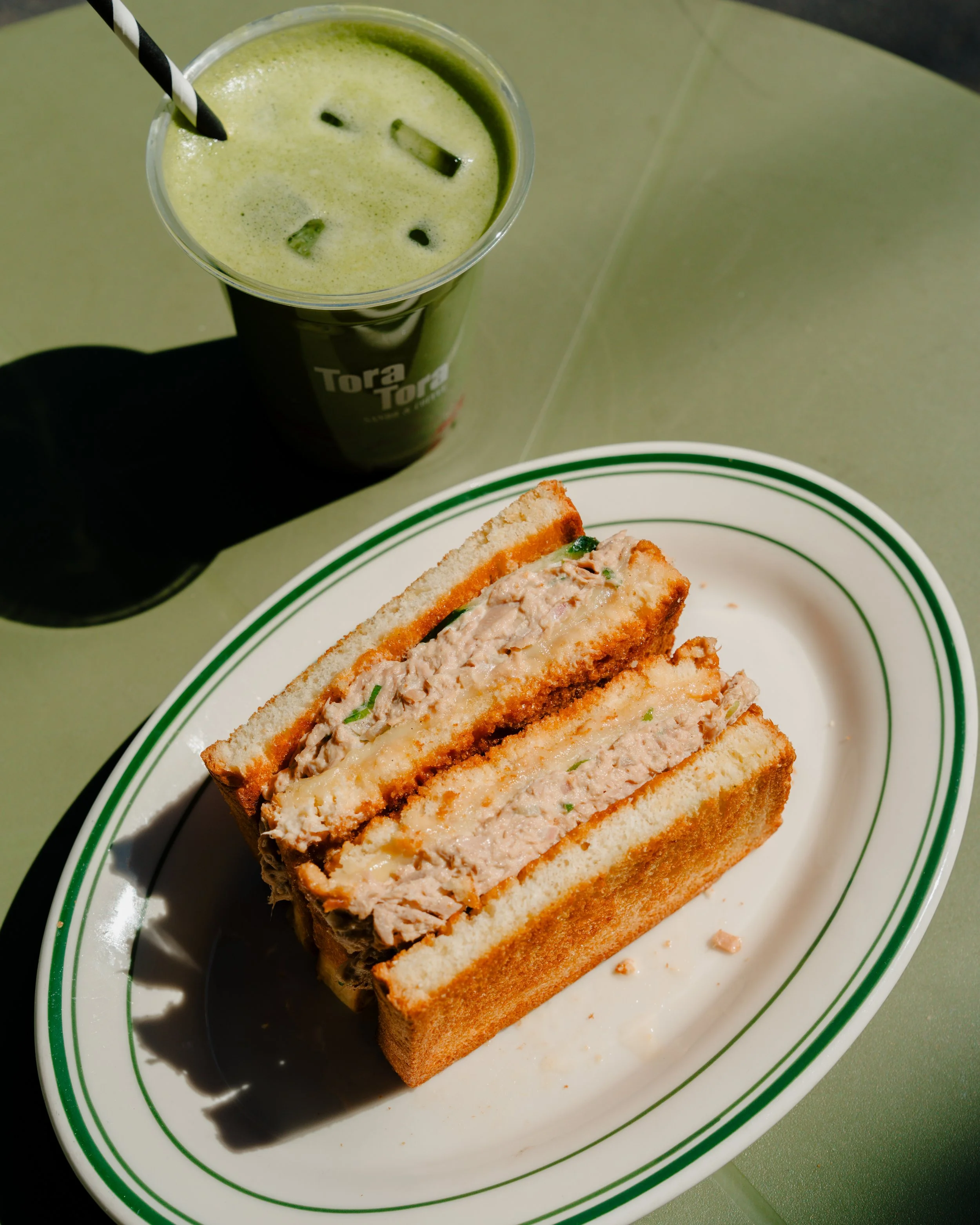 Yuzu tuna melt and iced matcha latte served at Tora Tora in Richmond, Melbourne
