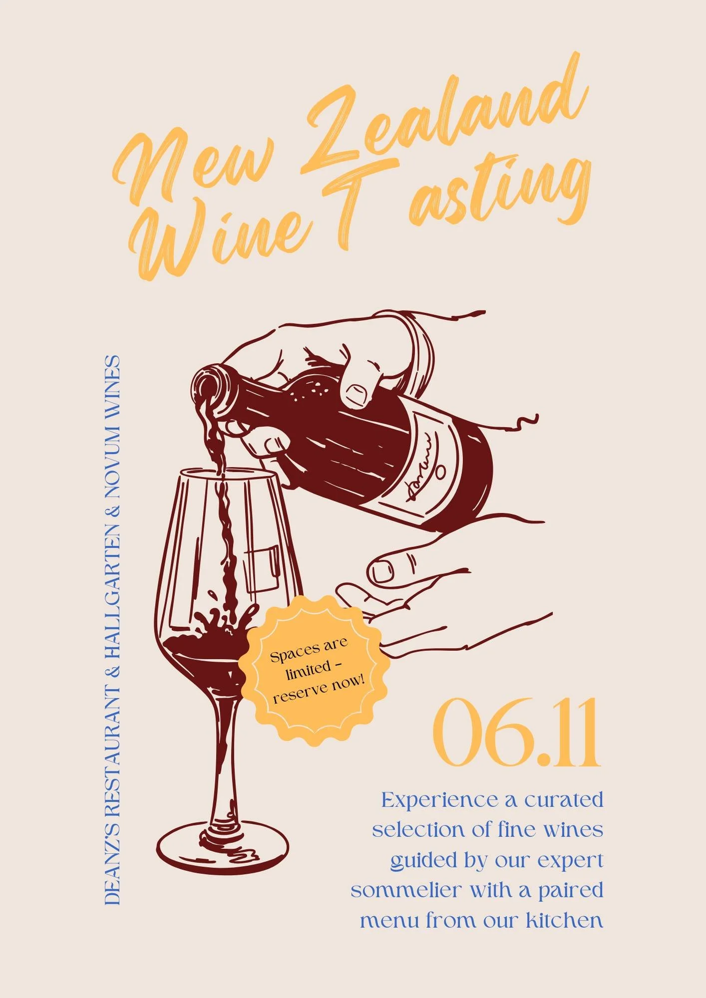 Join us for an unforgettable night of fine dining and world-class wines as DeanZ's presents a New Zealand Wine Tasting Experience, perfectly paired with our tasting menu. Each course will be paired with hand-selected wines from some of New Zealand&rs