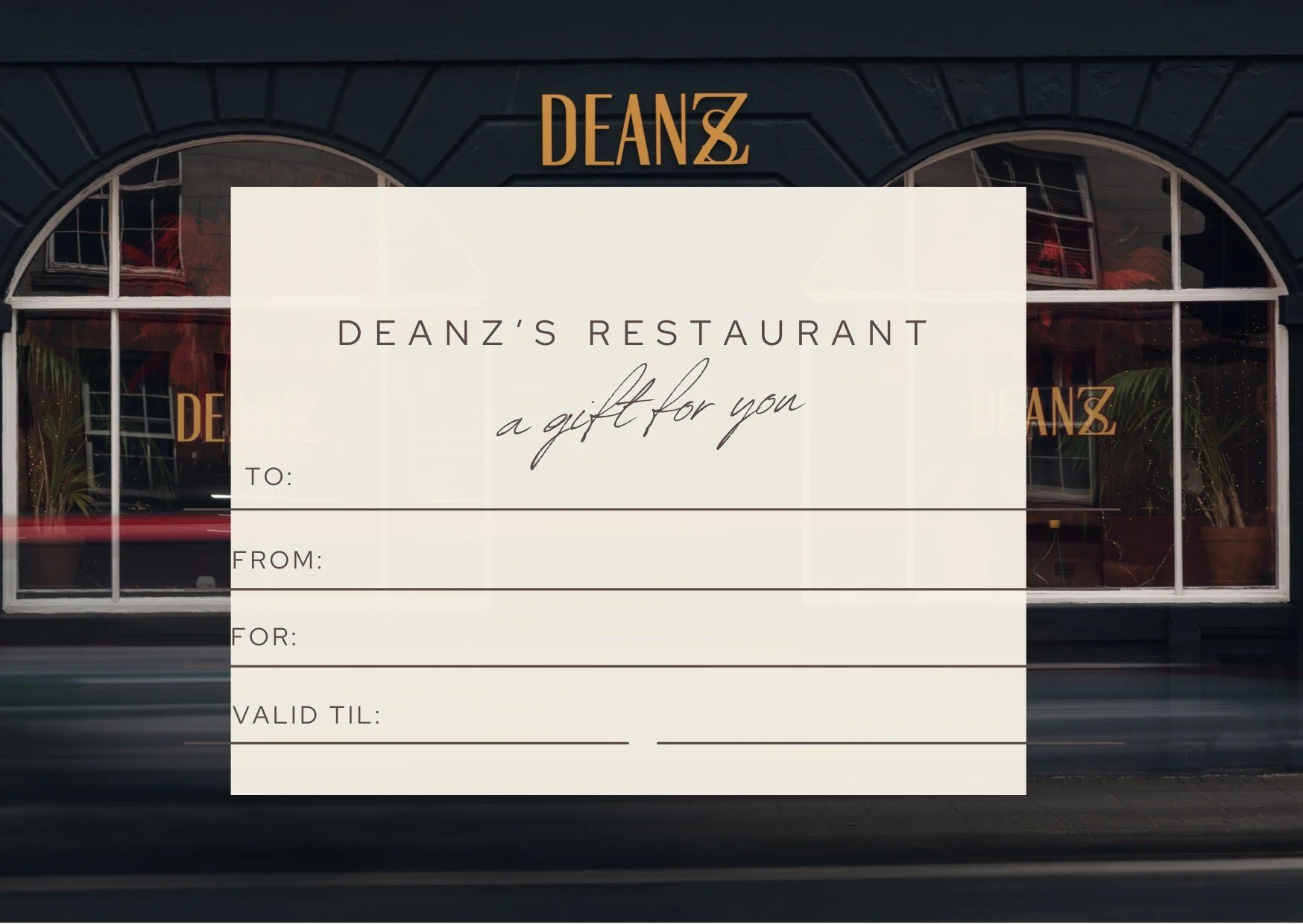 Our gift vouchers are the perfect way to treat someone special this festive season. Choose a digital voucher from deansperth.co.uk, or pop into the restaurant to pick up a beautifully presented physical voucher &mdash; ideal for slipping under the tr