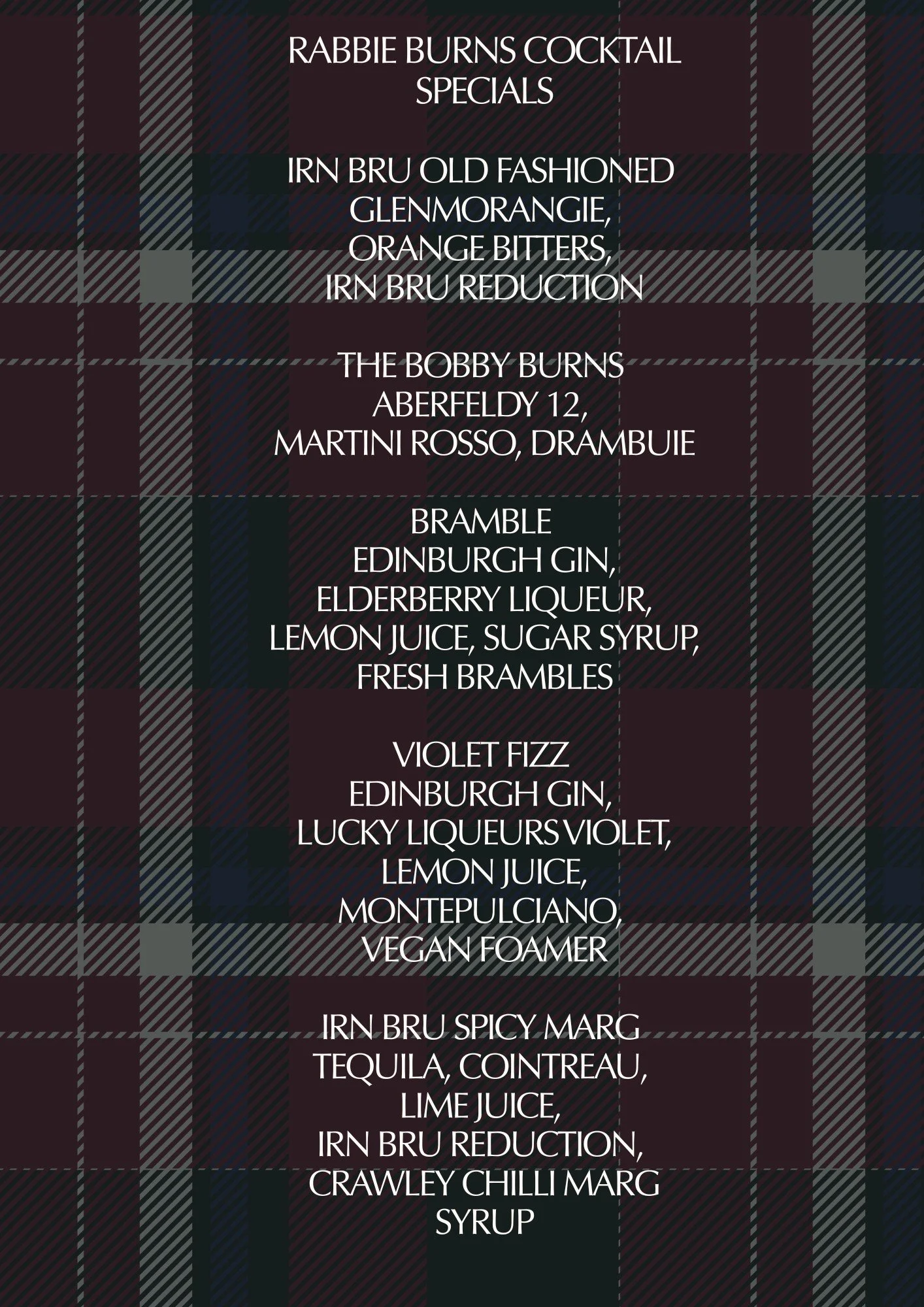 🥃✨ Rabbie Burns Cocktail Specials ✨🥃

Raise a glass with our limited-edition Rabbie Burns Night cocktails, inspired by bold, Scottish flavours.

🍊 IRN-BRU Old Fashioned
Glenmorangie, orange bitters &amp; a rich  homemade Irn-Bru reduction &ndash; 