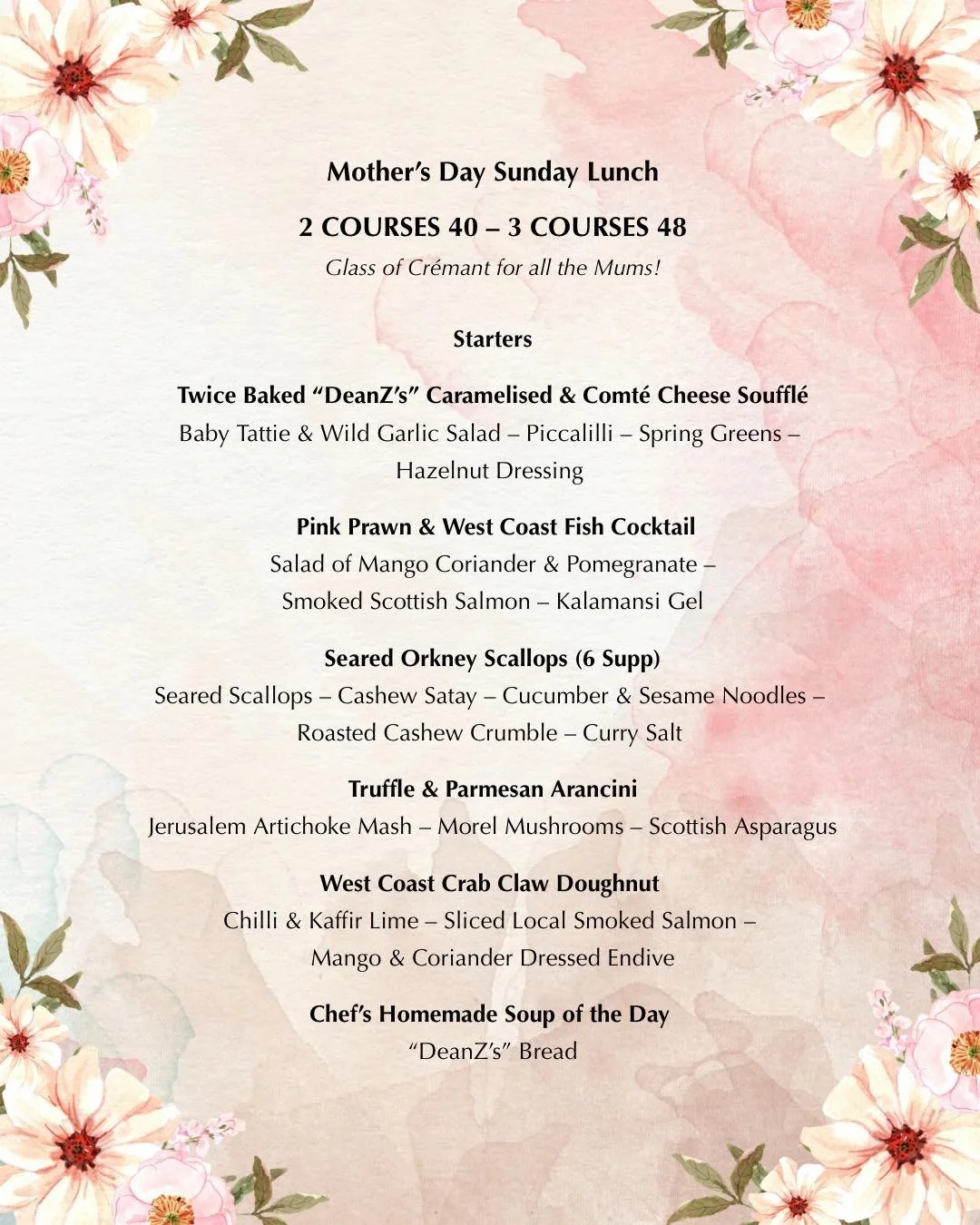 We have availability for Mother&rsquo;s Day from 15:15 to 17:30 🌺

Glass of Cremant on us for all the Mums! 🥂