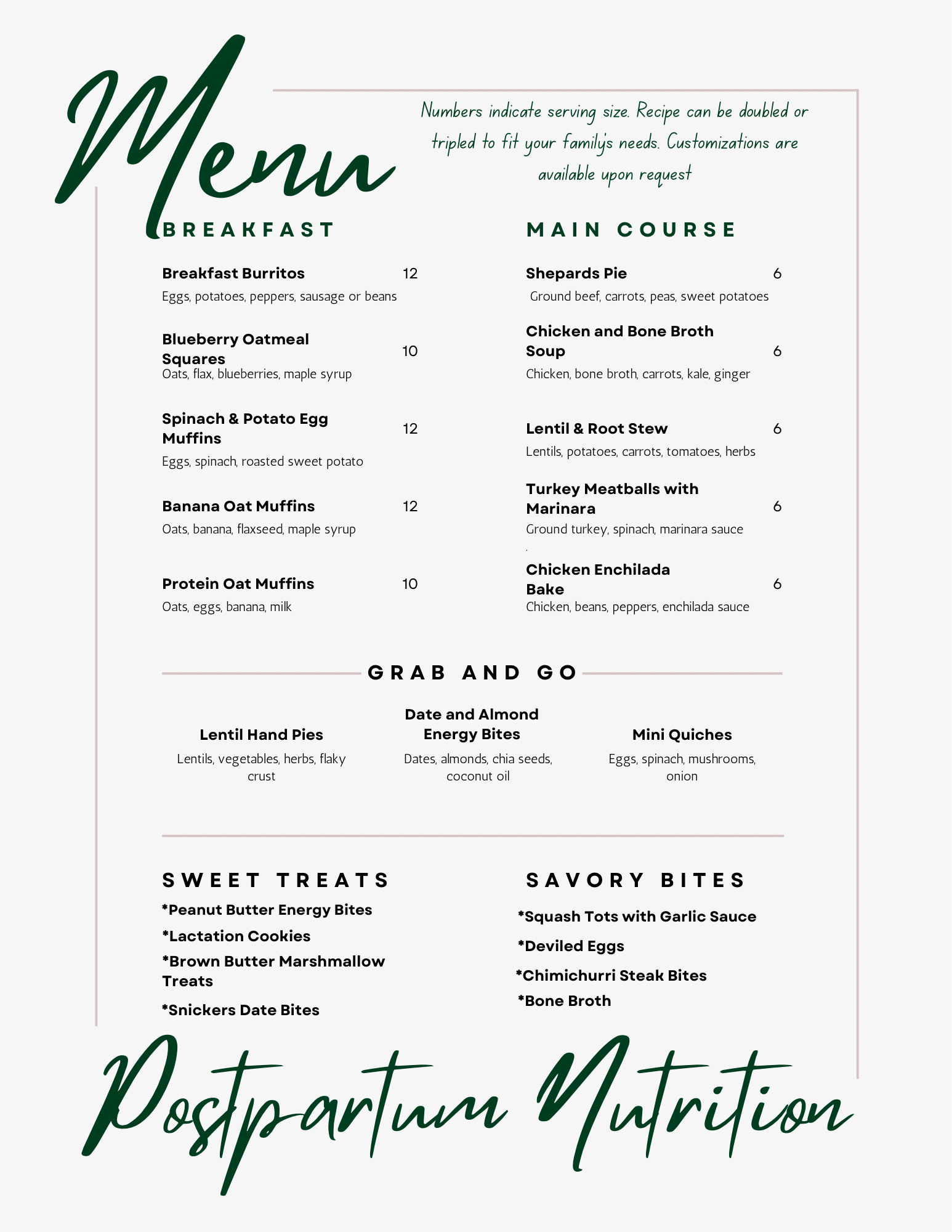 Postpartum nutrition menu with breakfast, main course, grab and go, sweet treats, and savory bites sections, listing various healthy food options.