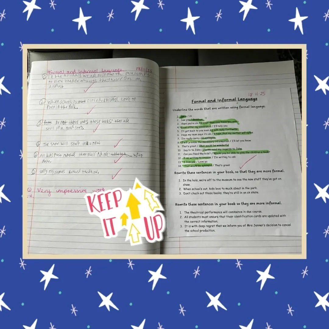 Excellent work studying formal and informal language 👌 

#seftontuition ##sefton #seftoncouncil #haltoncouncil #Halton #haltontuition #knowlsey #knowlseycouncil #Knowsleytuition #sthelenstuition #sthelens #sthelenscouncil #inclusion #inclusivity #SE