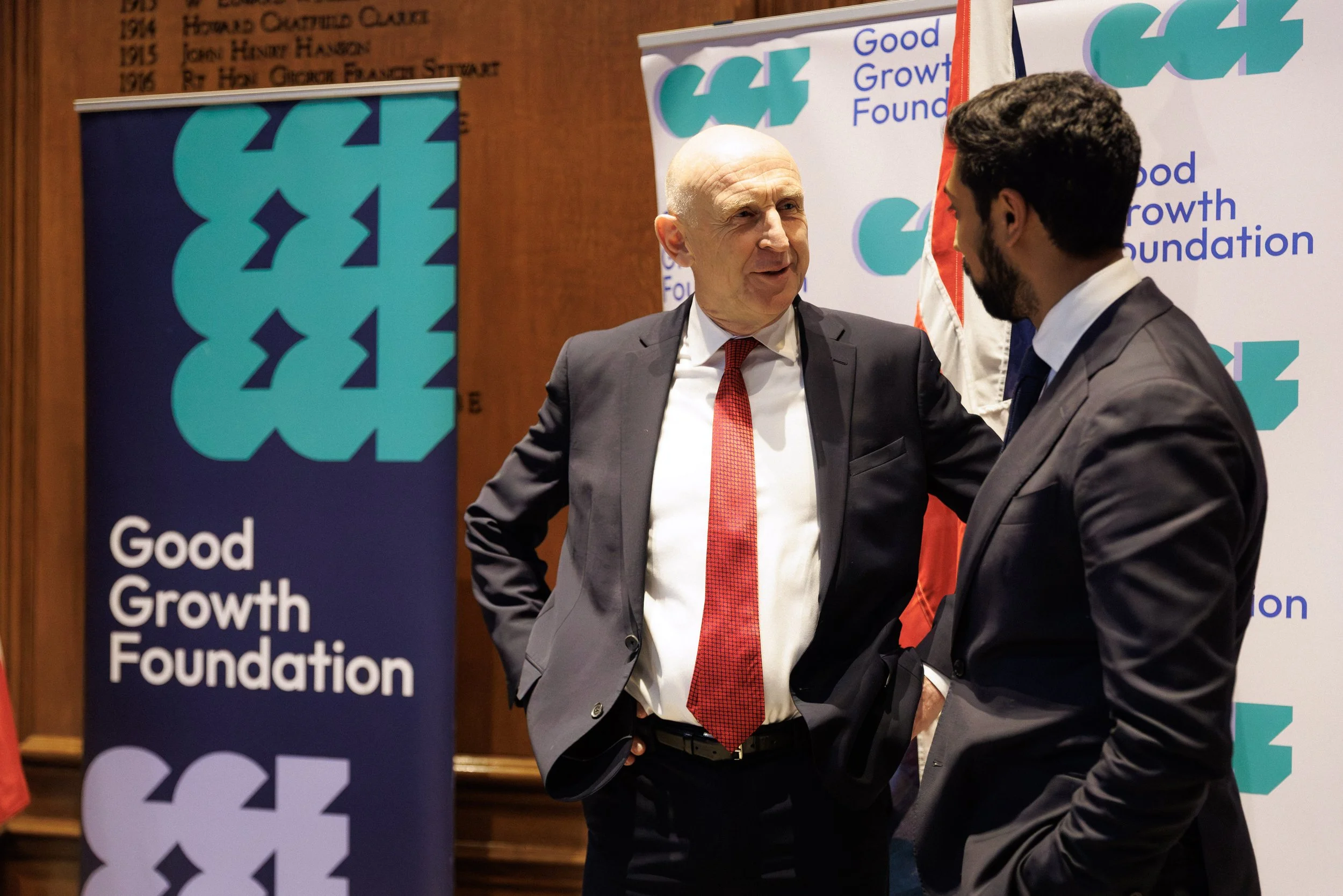 Defence Secretary John Healey speaking to Good Growth Foundation Director Praful Nargund