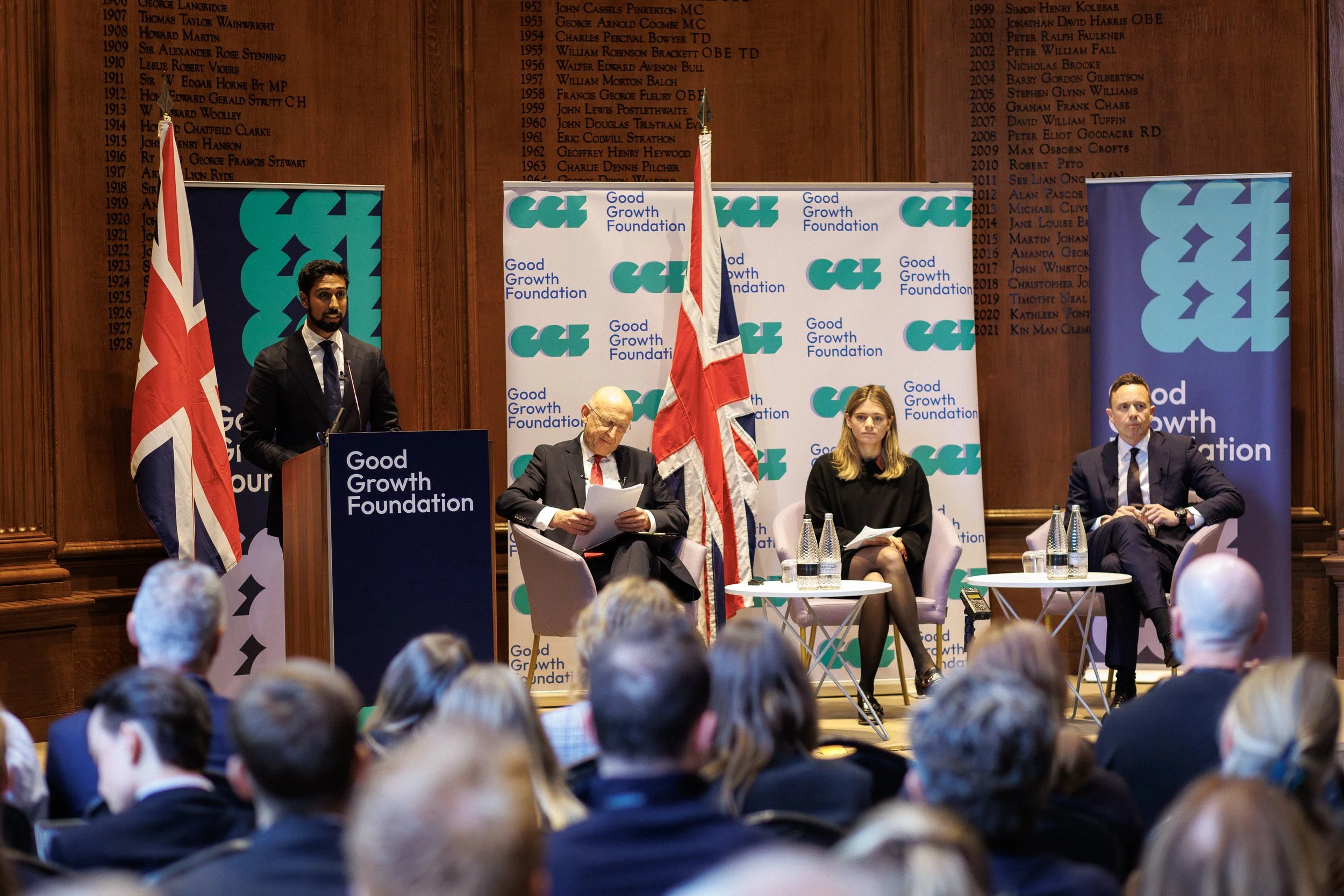 Good Growth Foundation Director Praful Nargund giving a speech with Defence Secretary John Healey, Deputy Political Editor of The Times Lara Spirit, and Professor John Bew