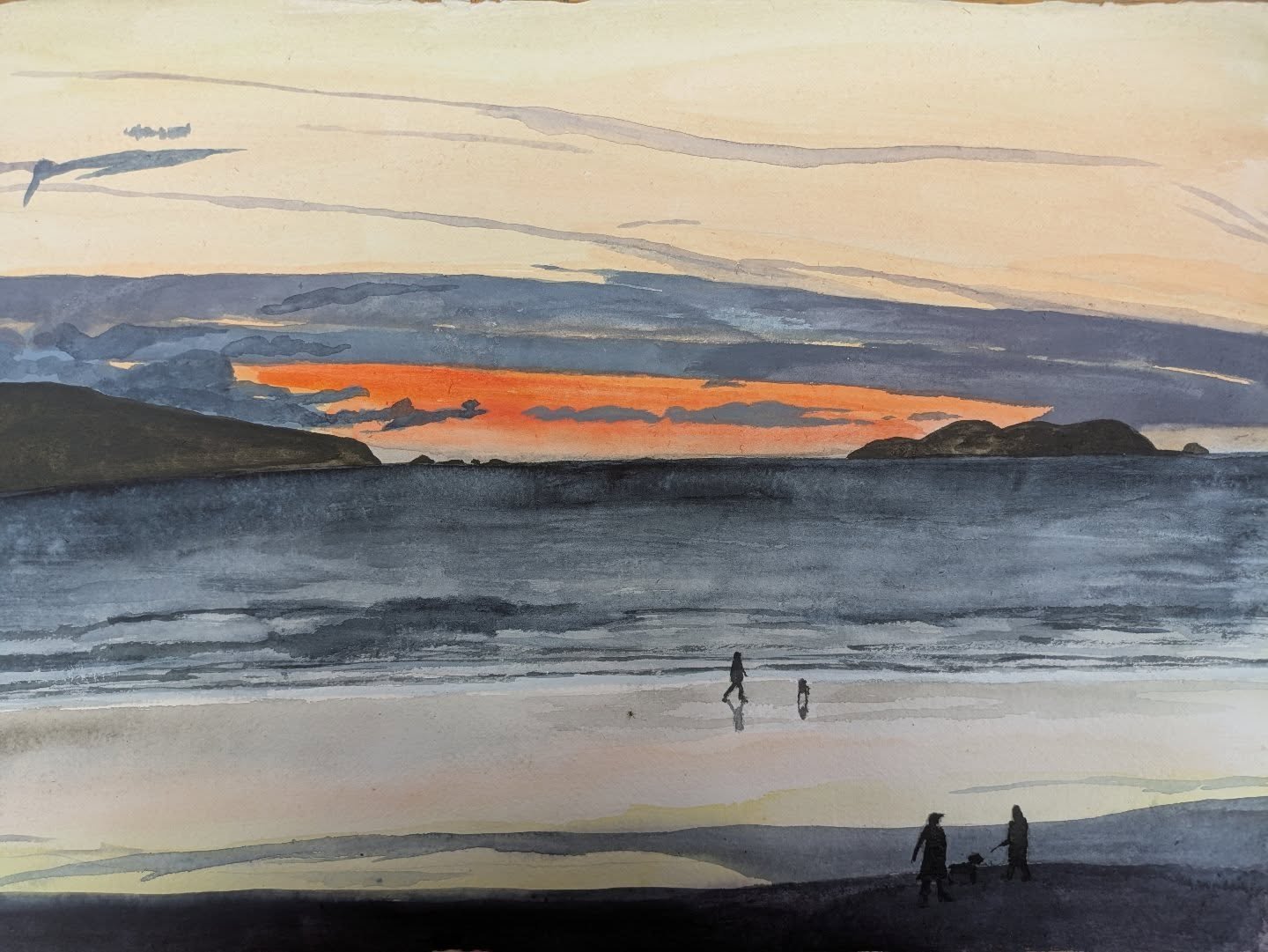 Ciggies for Surrey....dusk, Broad Haven

#beach #sea #sunset #dusk #walkingthedog #broadhaven #pembrokeshire #wales #watercolour #watercolours  #aquarelle  #kunst