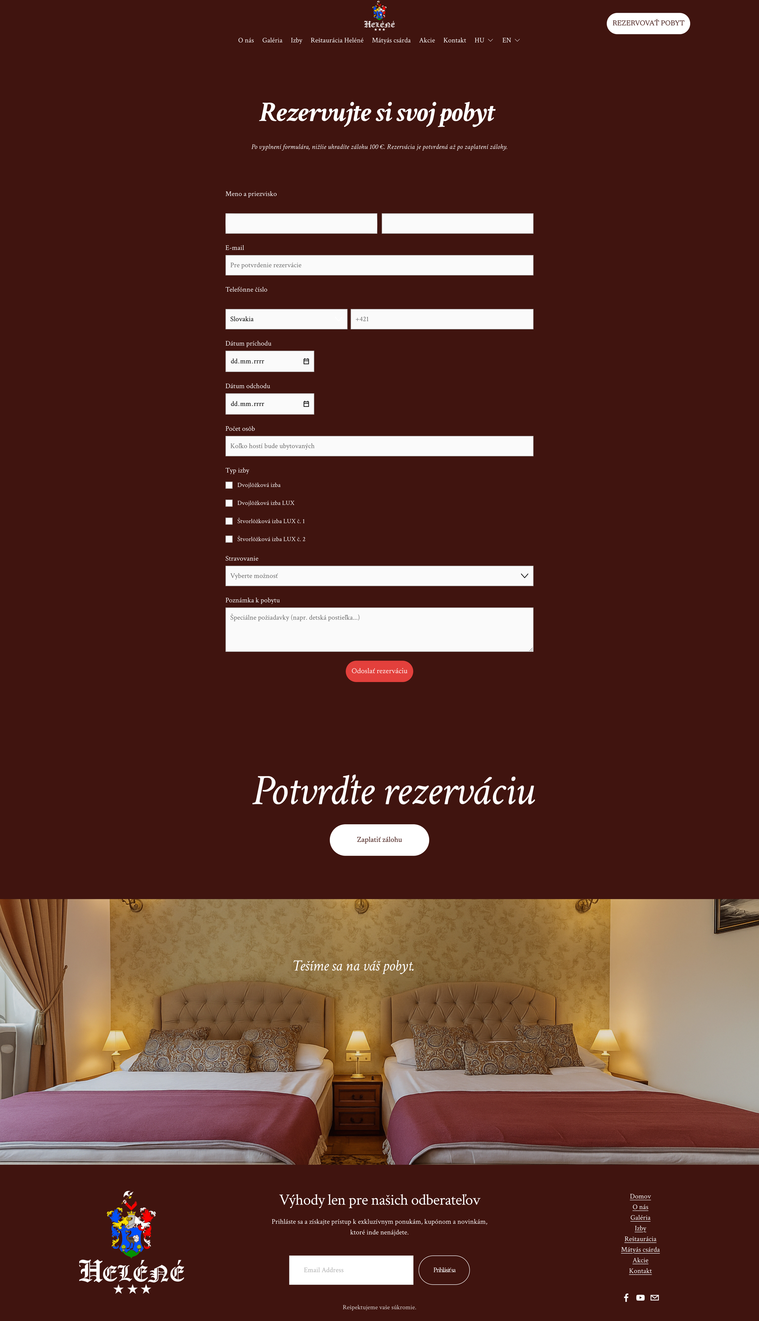 A hotel reservation webpage with a dark red background, form fields for booking details, a photo of a hotel room with two beds, and hotel branding at the bottom.