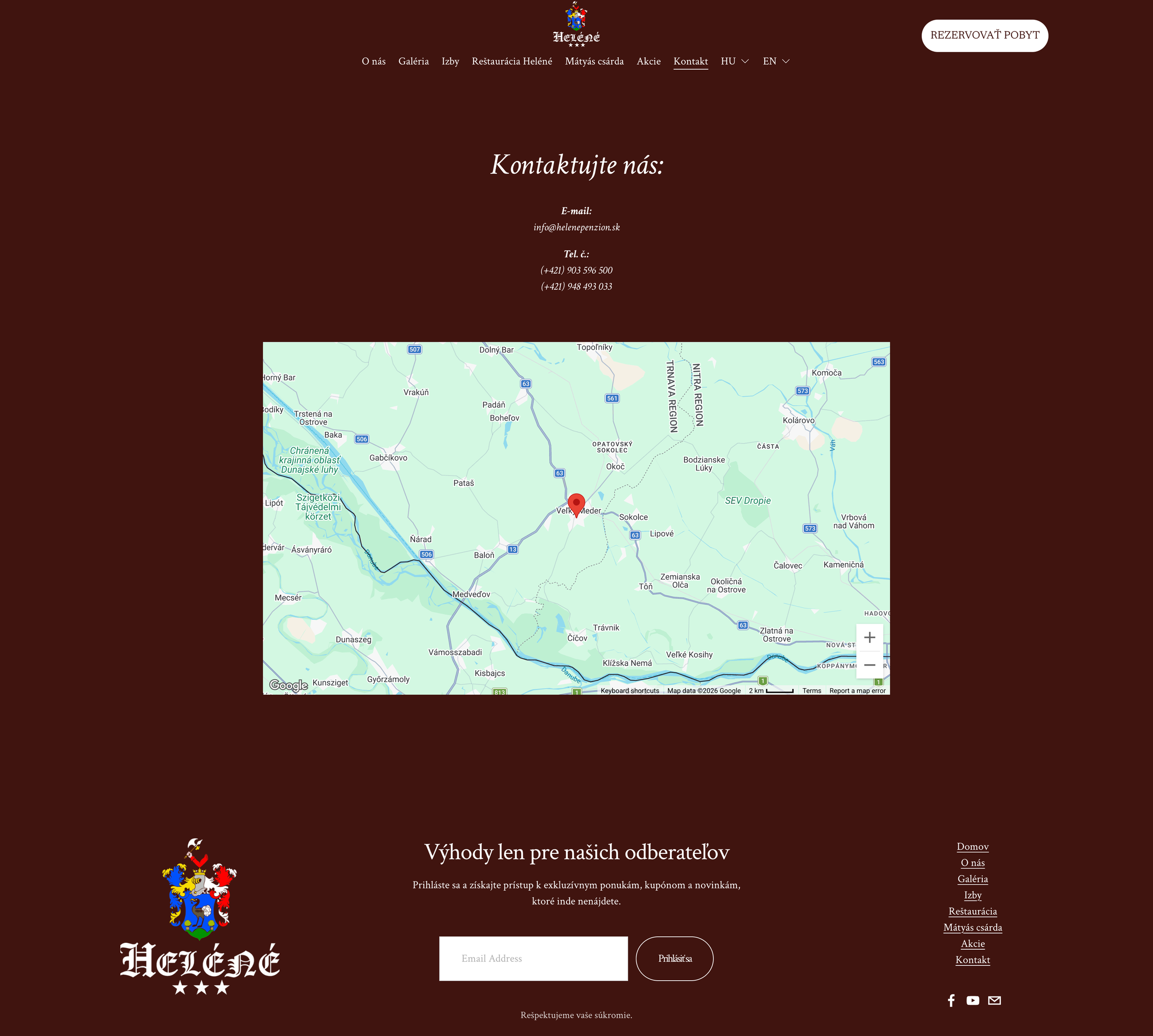 A webpage showing contact information with a map, email, phone number, logo at the top, and a section at the bottom for newsletter subscription, all on a brown background.