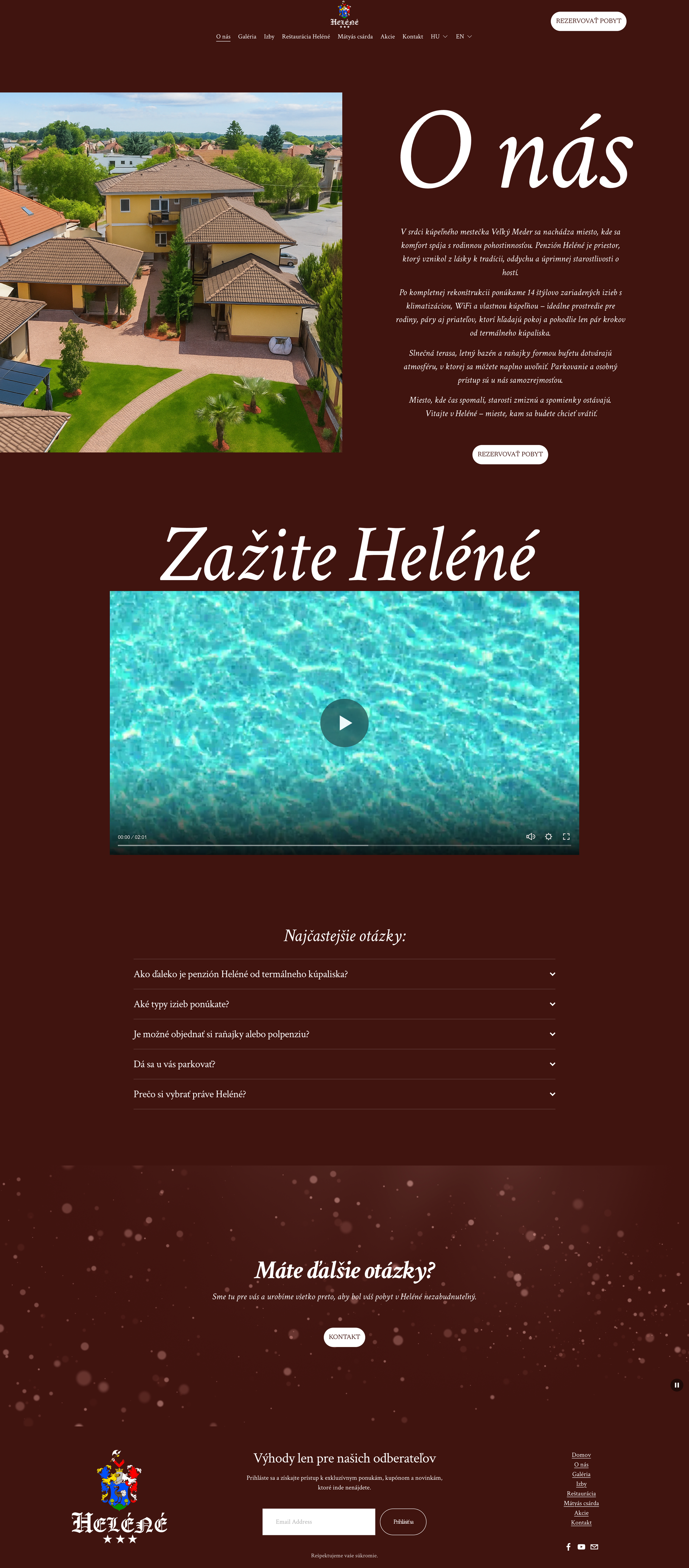 A webpage showing a resort with a lush green yard, yellow buildings with brown roofs, and a swimming pool. The page features a video, frequently asked questions, and contact information.