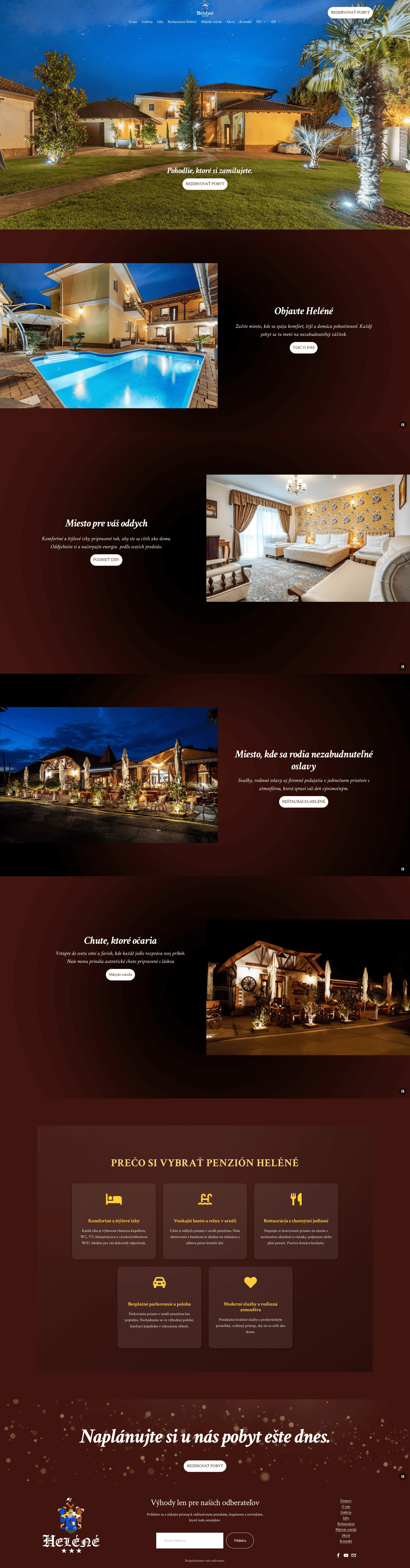 Nighttime view of a luxurious house with illuminated trees and a clear sky, followed by images of a swimming pool, a decorated bedroom, an outdoor dining area, and indoor details, all showcasing a high-end guesthouse or inn.