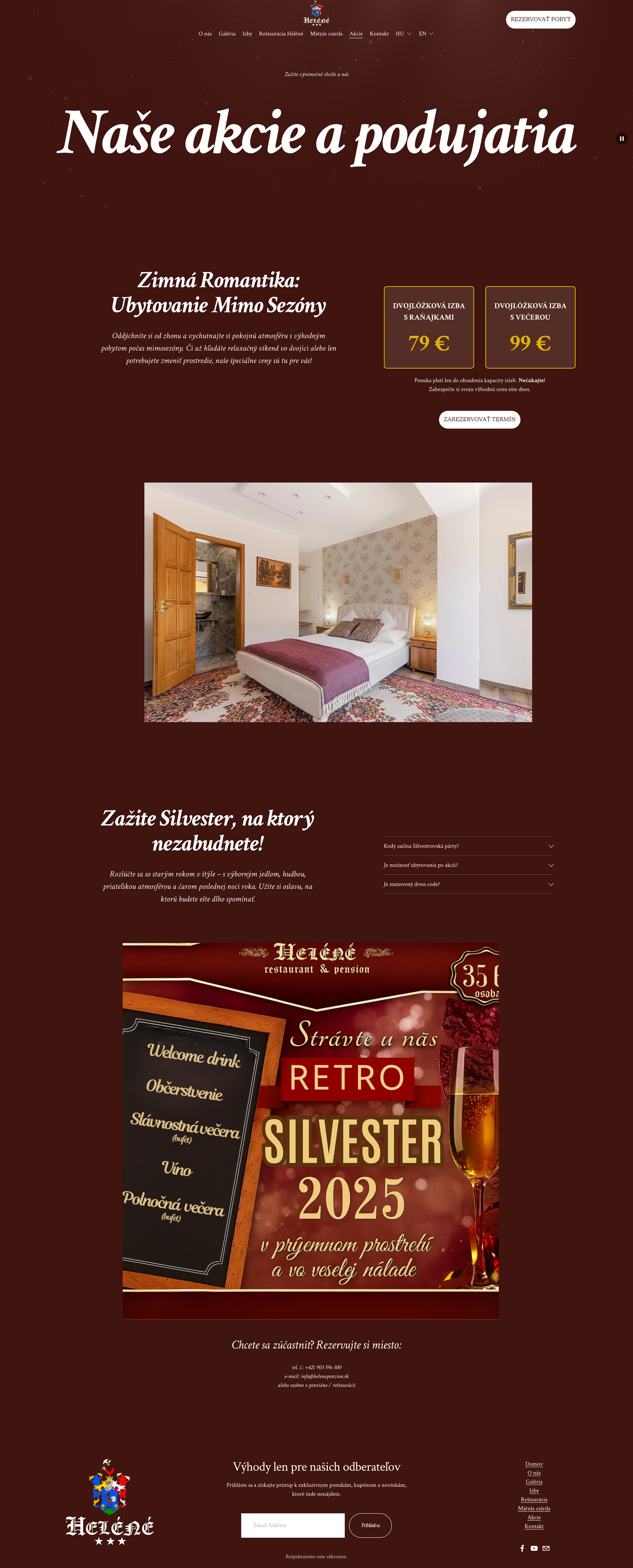 Webpage showing holiday promotions for a hotel, with rooms and New Year's Eve celebrations, including a bedroom image, event details, and contact information.