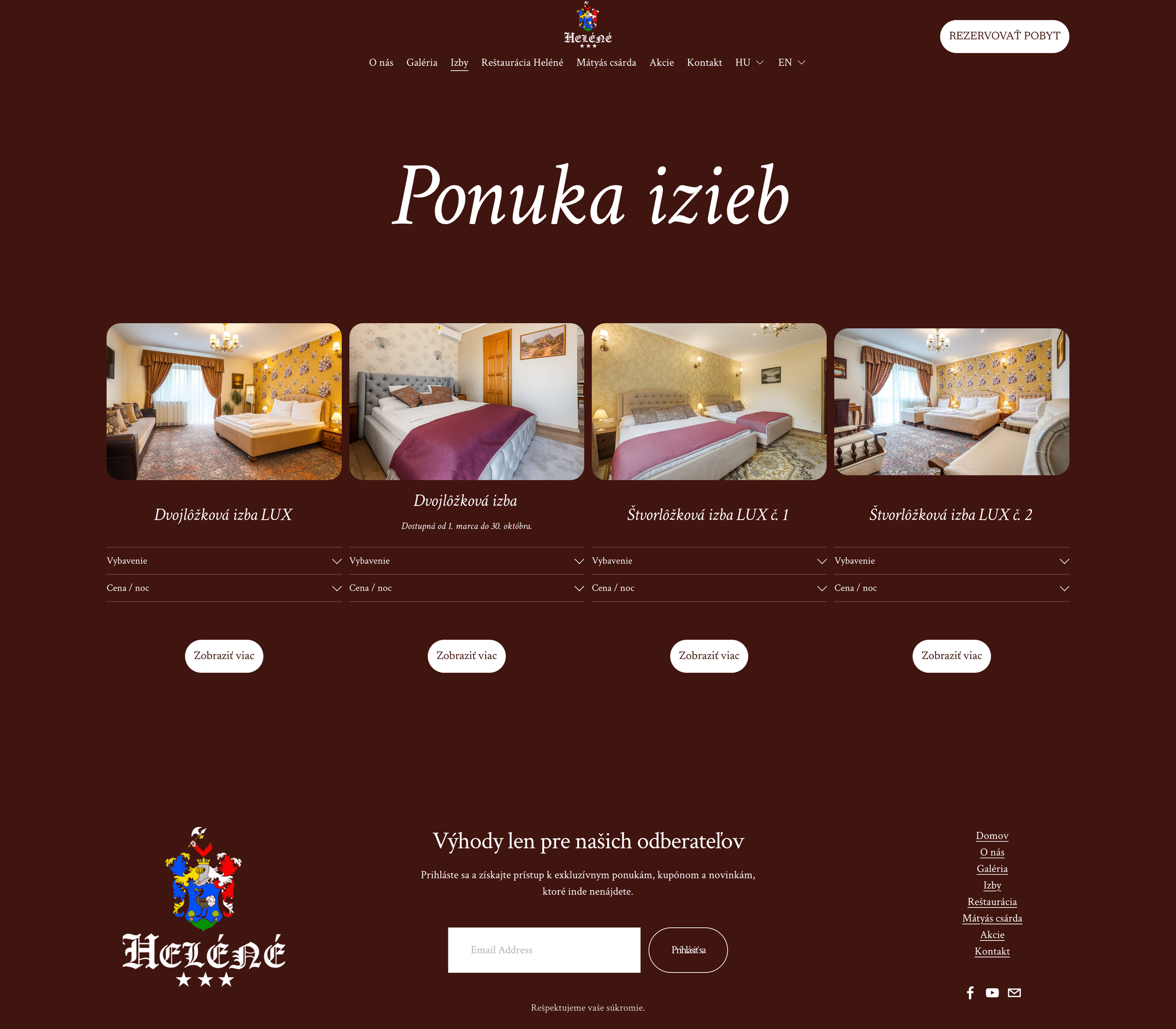 Hotel room options page displaying four different bedroom images with descriptions in Slovak, including amenities and booking buttons.