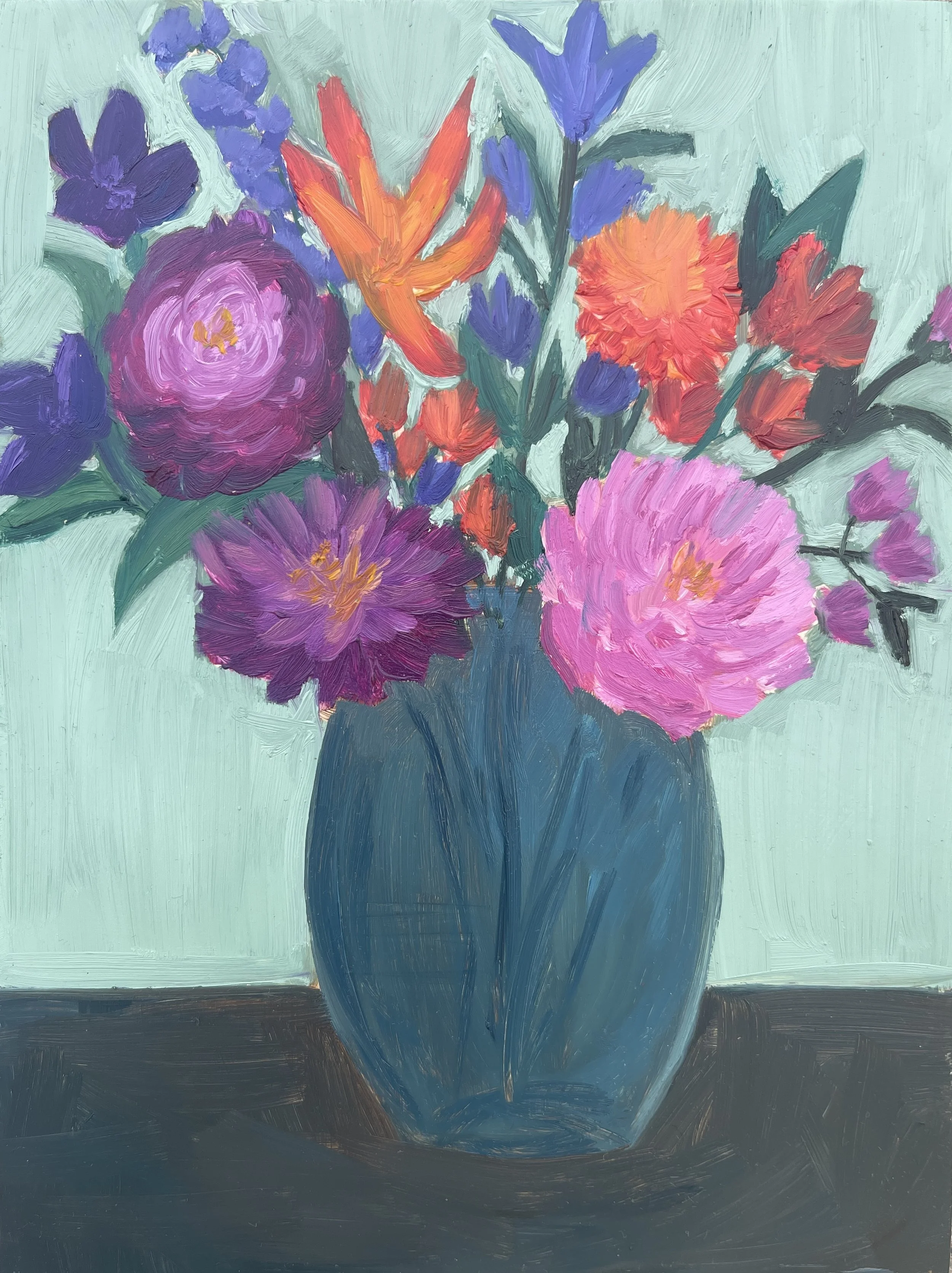 Vibrant Floral Oil Painting on Wood Panel