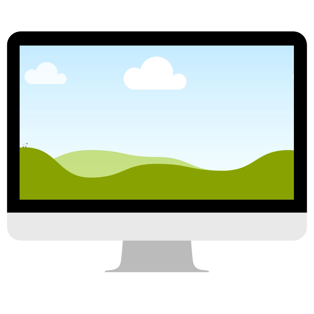 A computer monitor displaying a cartoon landscape with green rolling hills, a blue sky with white clouds, and a small white animal on the left hill.