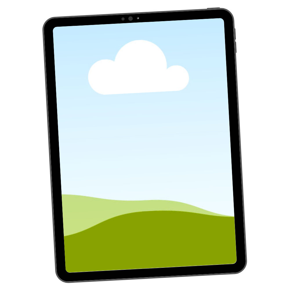 A digital tablet displaying a landscape with green hills, a blue sky, white clouds, and a black border.