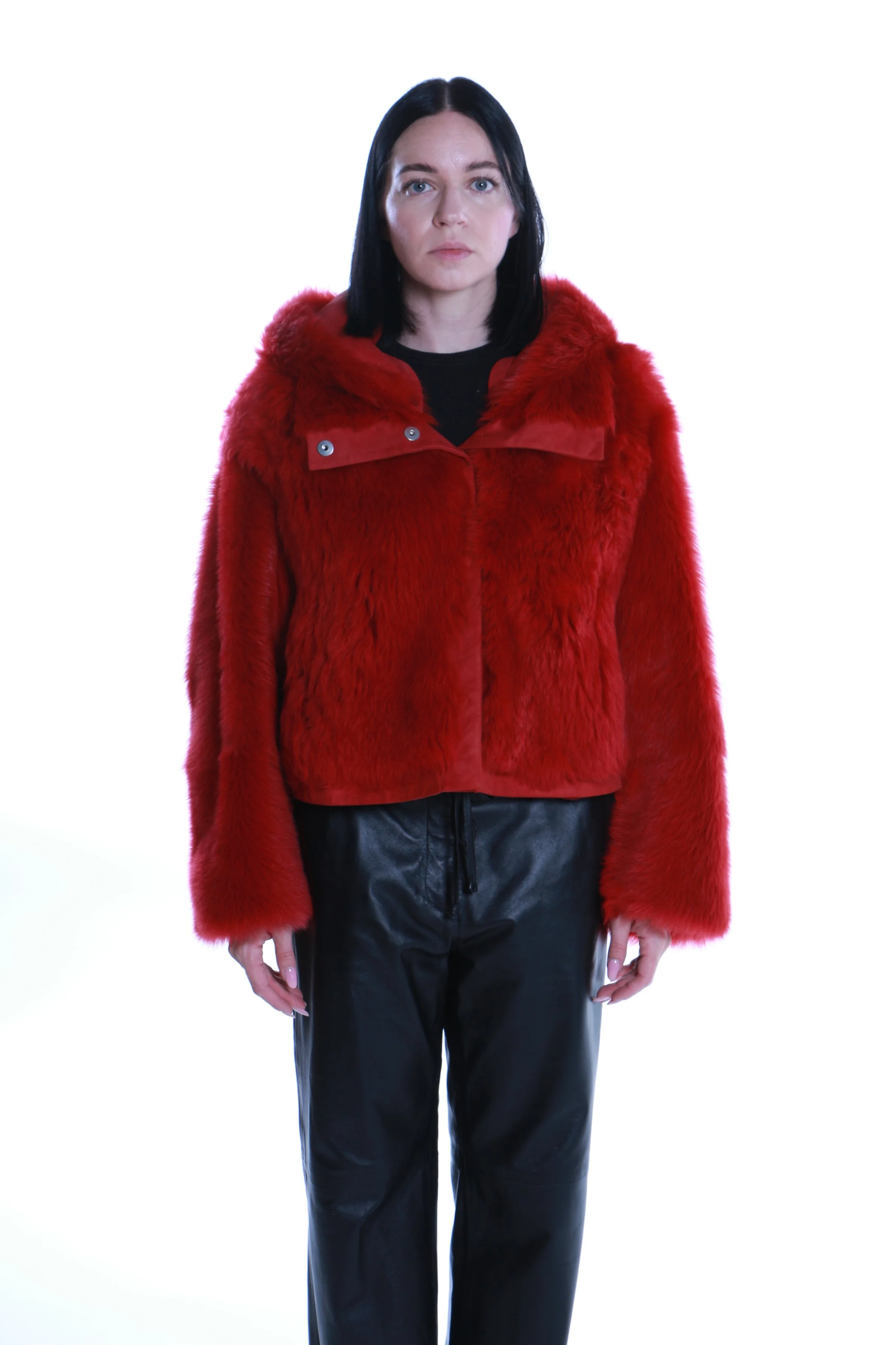 Giacca corta reversibile in shearling rosso con cappuccio