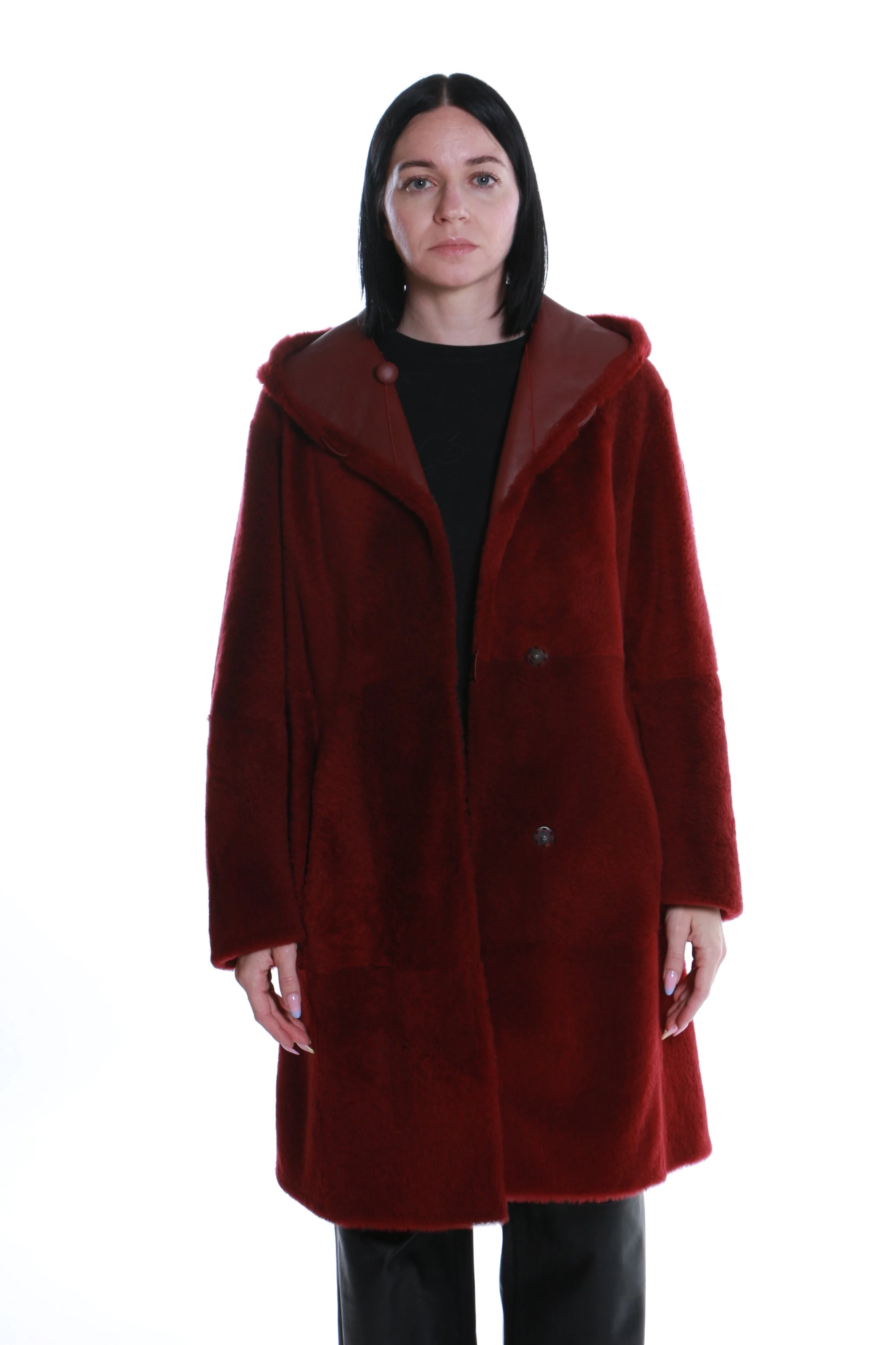 Cappotto in shearling rosso con cappuccio