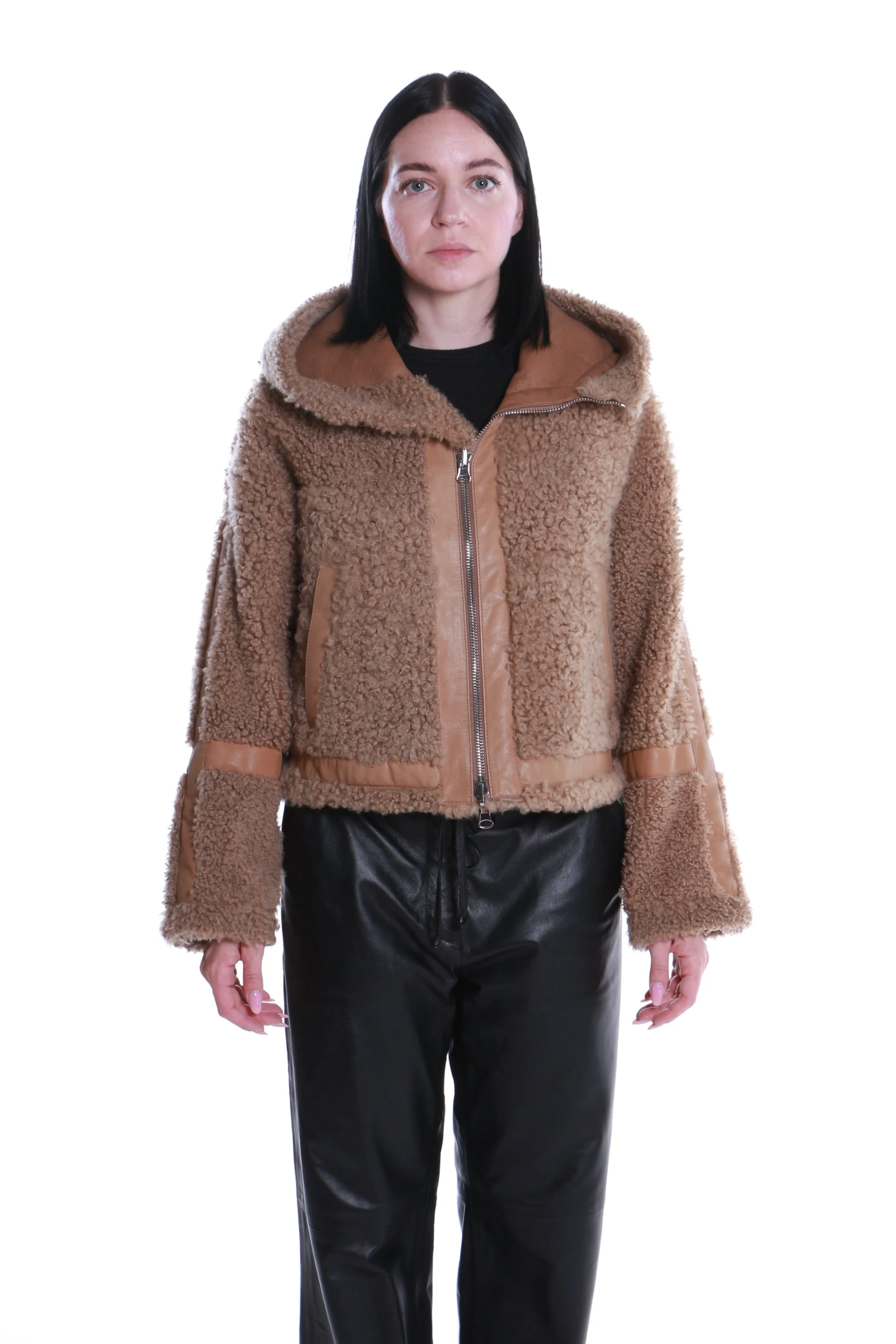 Giacca reversibile in shearling cammello con cappuccio