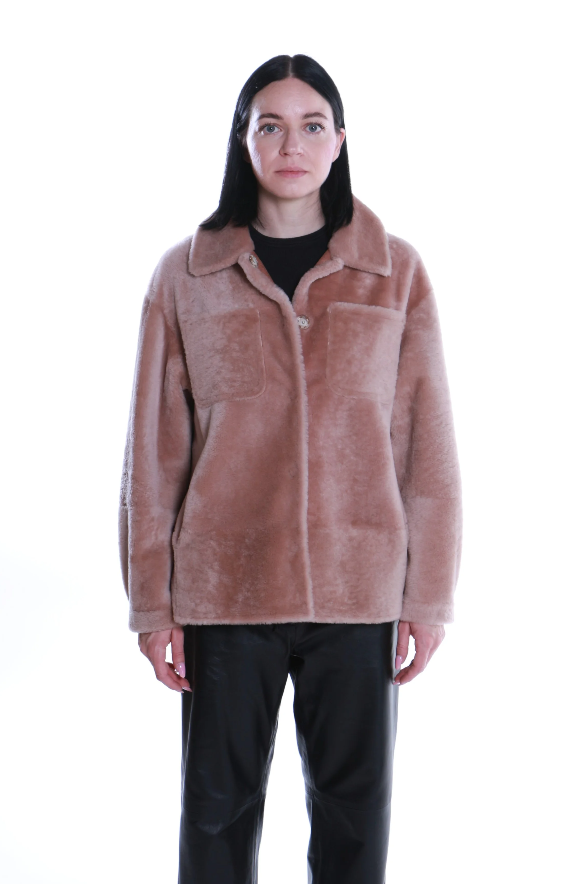 Giacca corta in shearling rosa cipria caldo