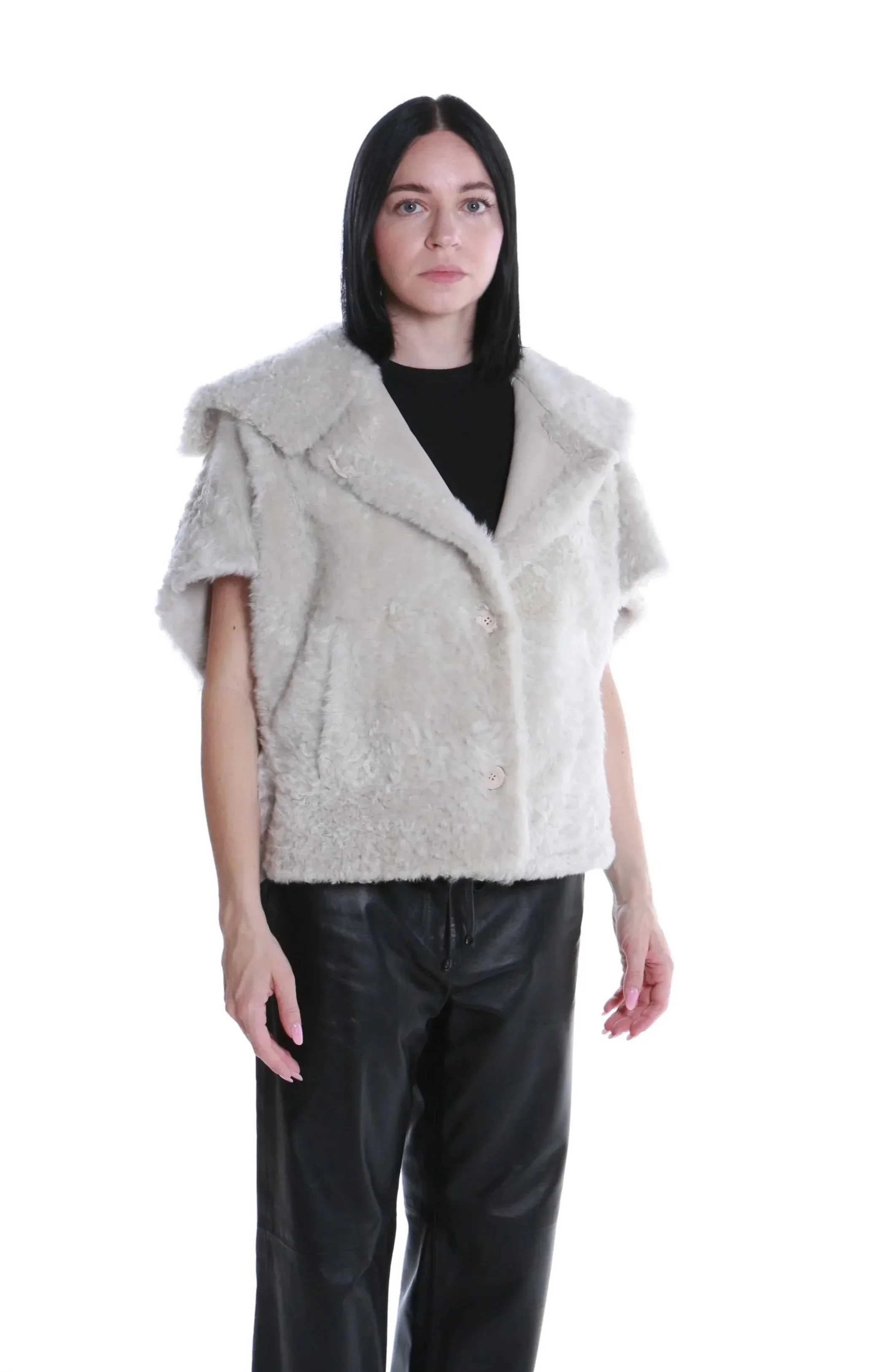 Cappa corta in shearling avorio reversibile – interno in pelle scamosciata
