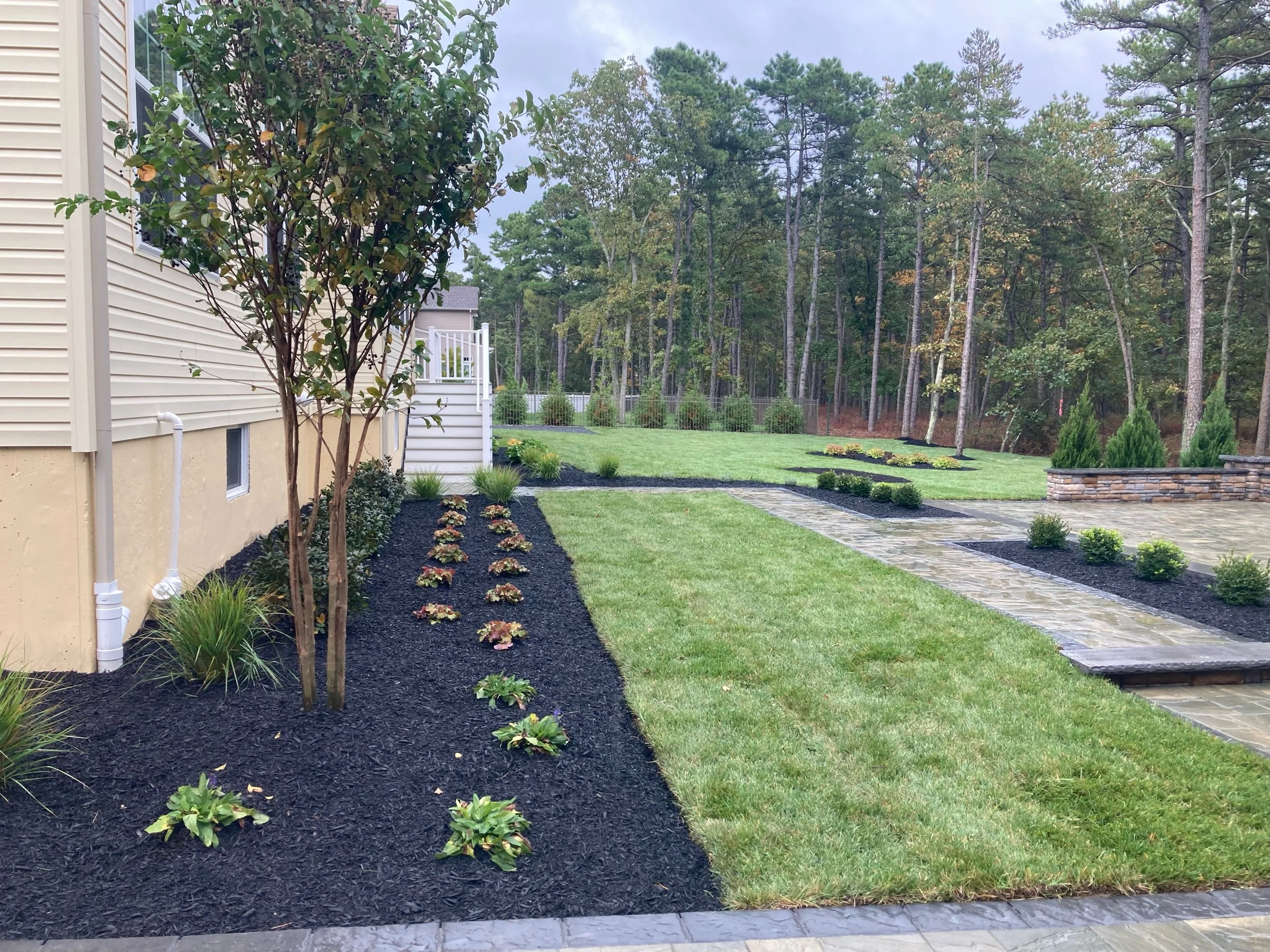 Backyard with landscaped garden, stone pathway, small bushes, and a wooded background.