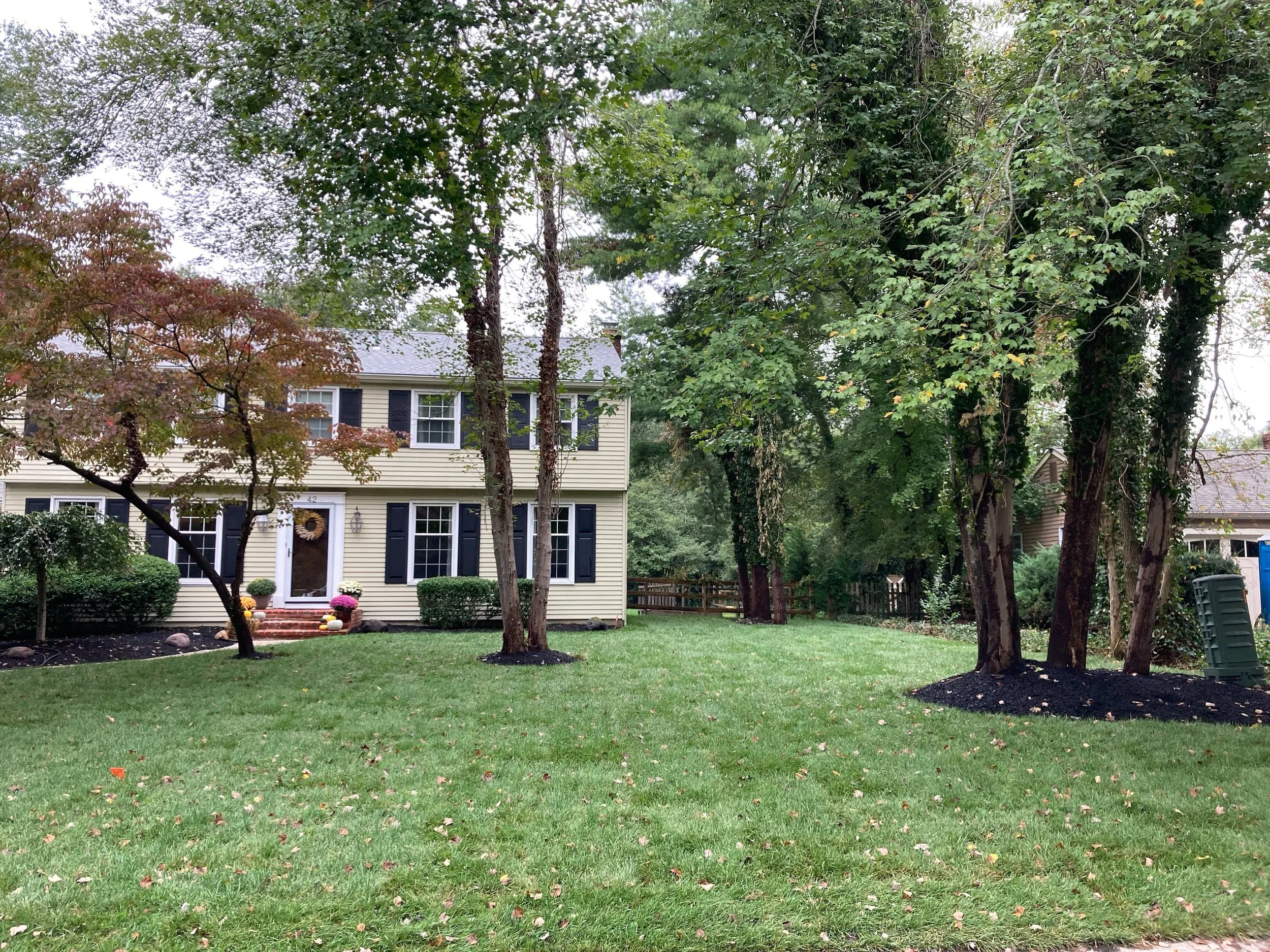 A residential backyard with a well-maintained lawn, several trees, and a two-story house with beige siding and black shutters in the background. There are decorative pumpkins and flowers near the house entrance.
