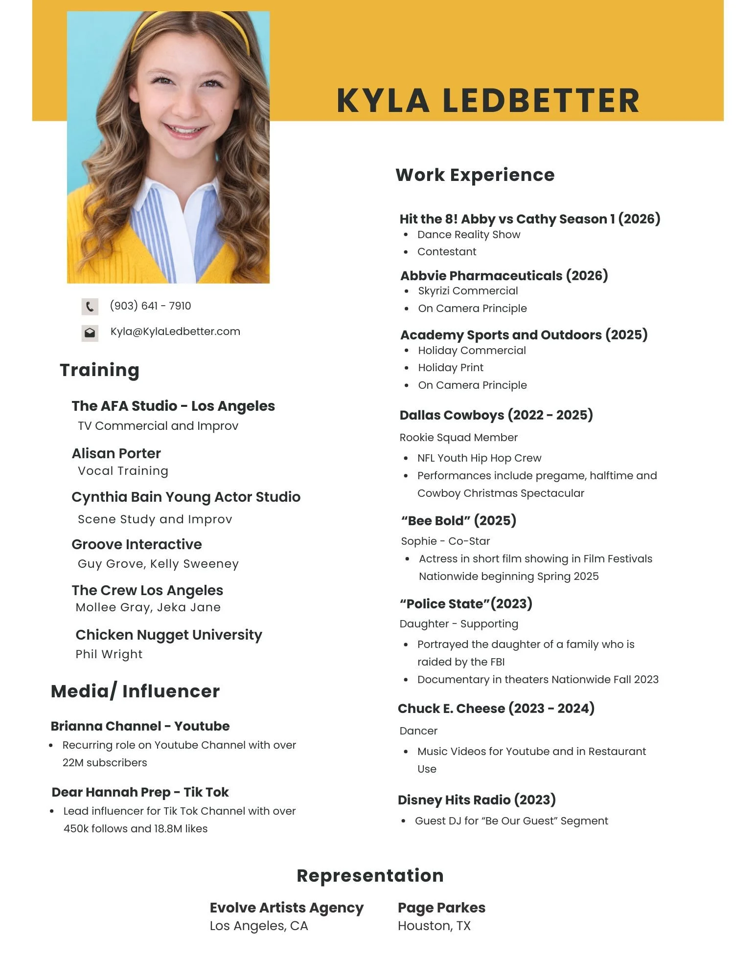 A resume featuring a photo of a young girl with long, wavy hair smiling, wearing a yellow headband and a yellow cardigan over a blue and white collared shirt. The resume includes sections for work experience, training, media/influencers, representation, and contact information.