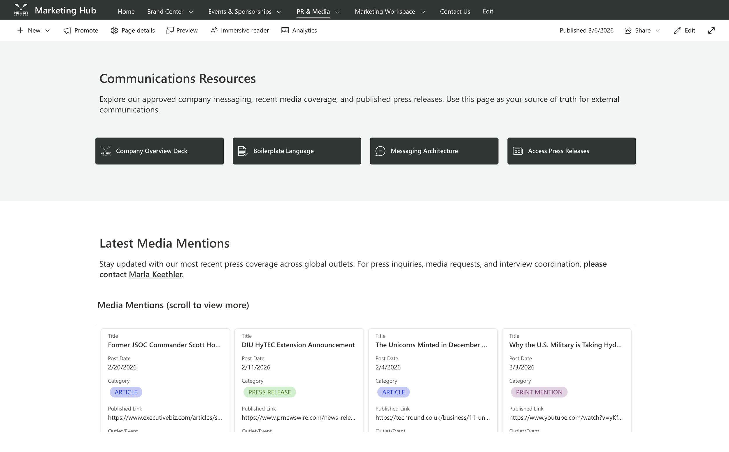 Communications workspace tracking media coverage, press activity, and messaging resources.