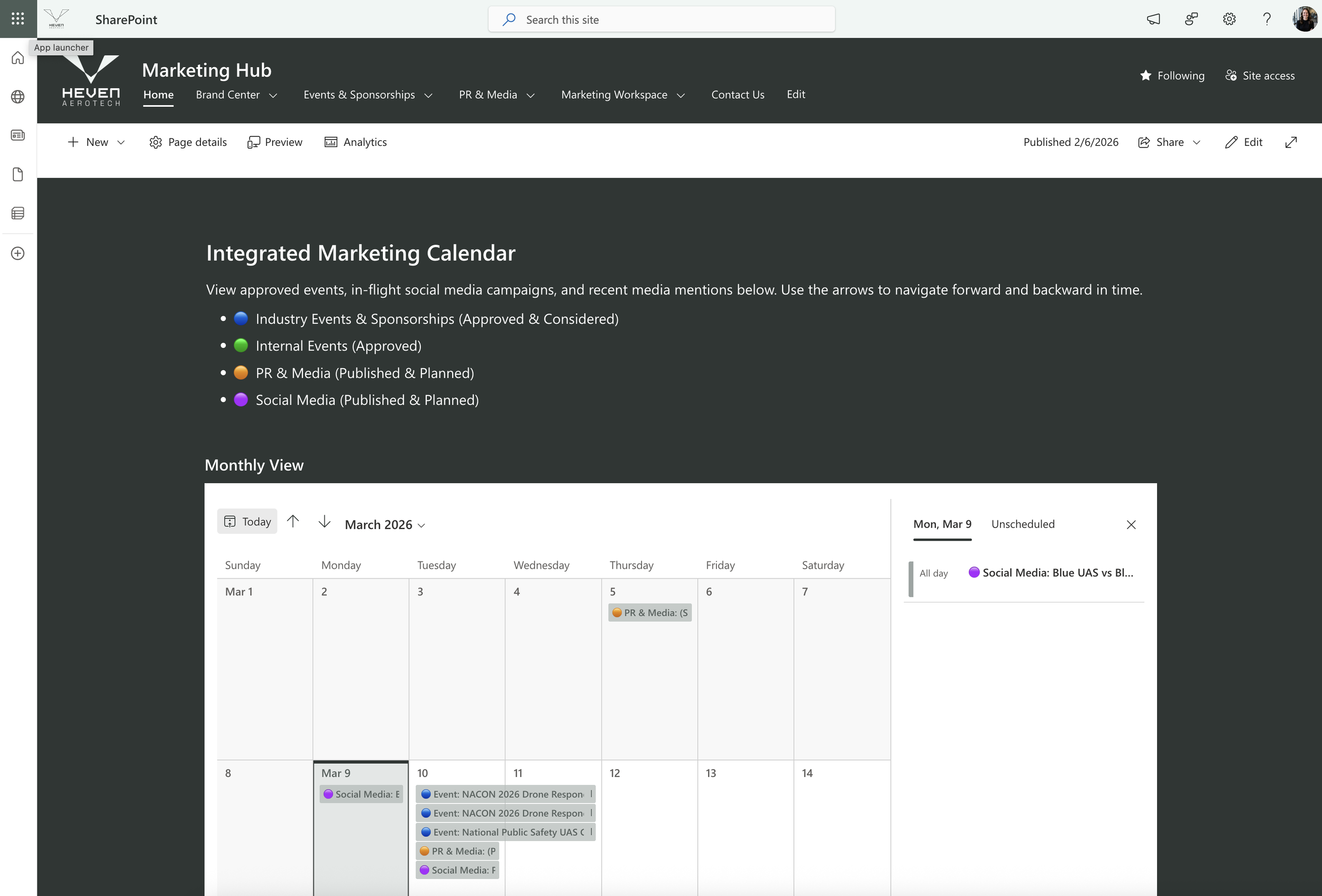 Integrated marketing calendar connecting campaigns, events, and media activity.